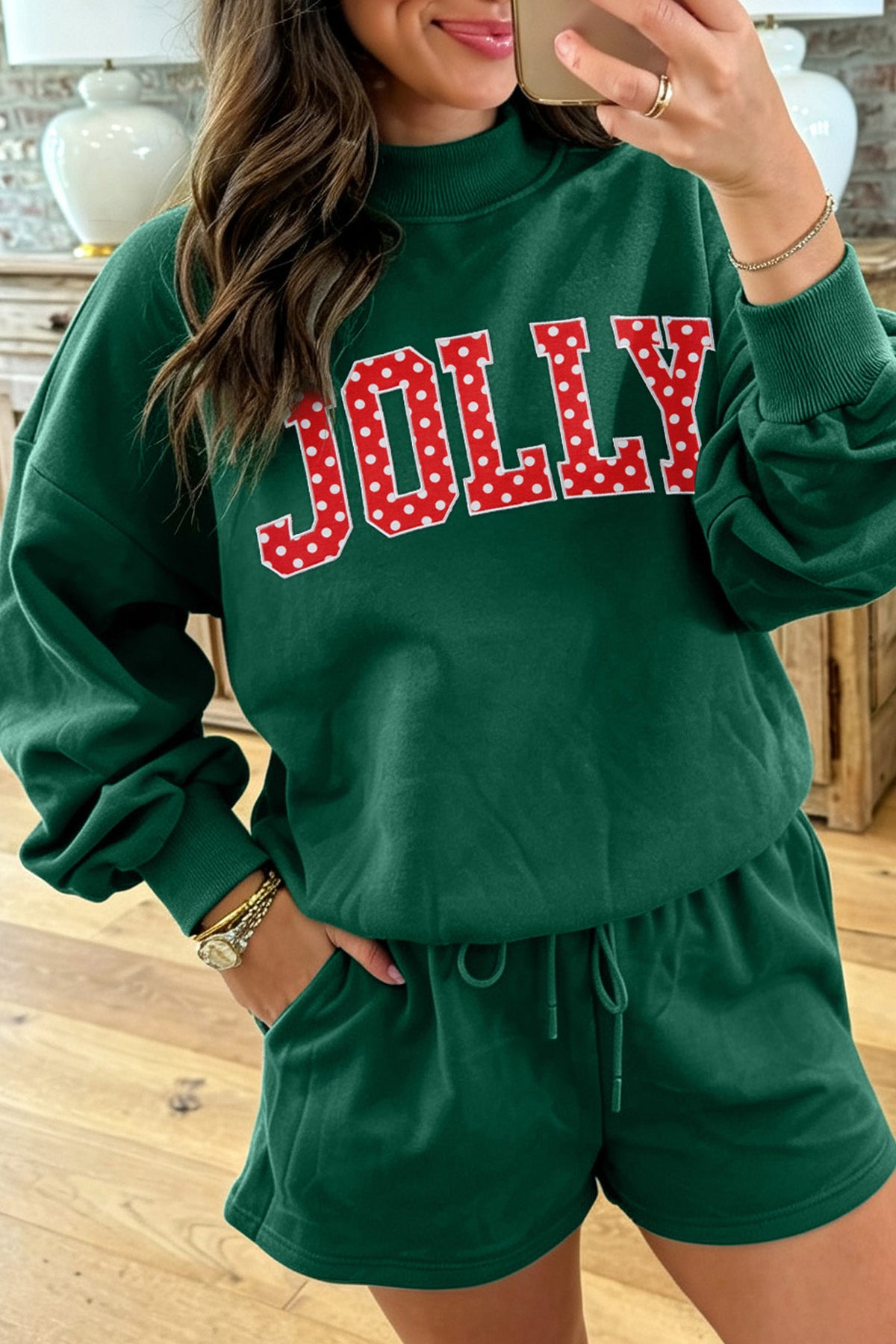 Women's Dark Green Christmas Slogan Print Mock Neck Pullover and Shorts Set