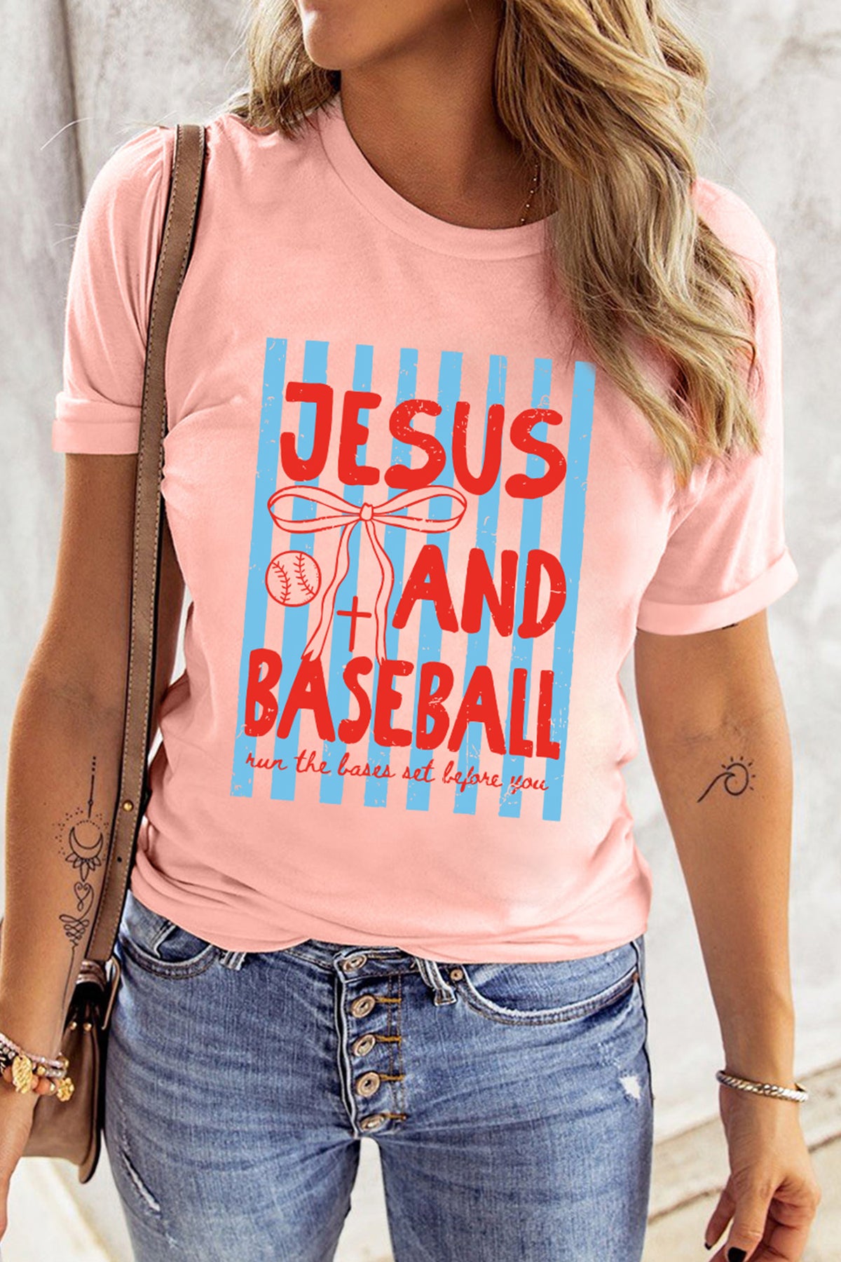 Pink JESUS AND BASEBALL Coquette Striped Print T-Shirt