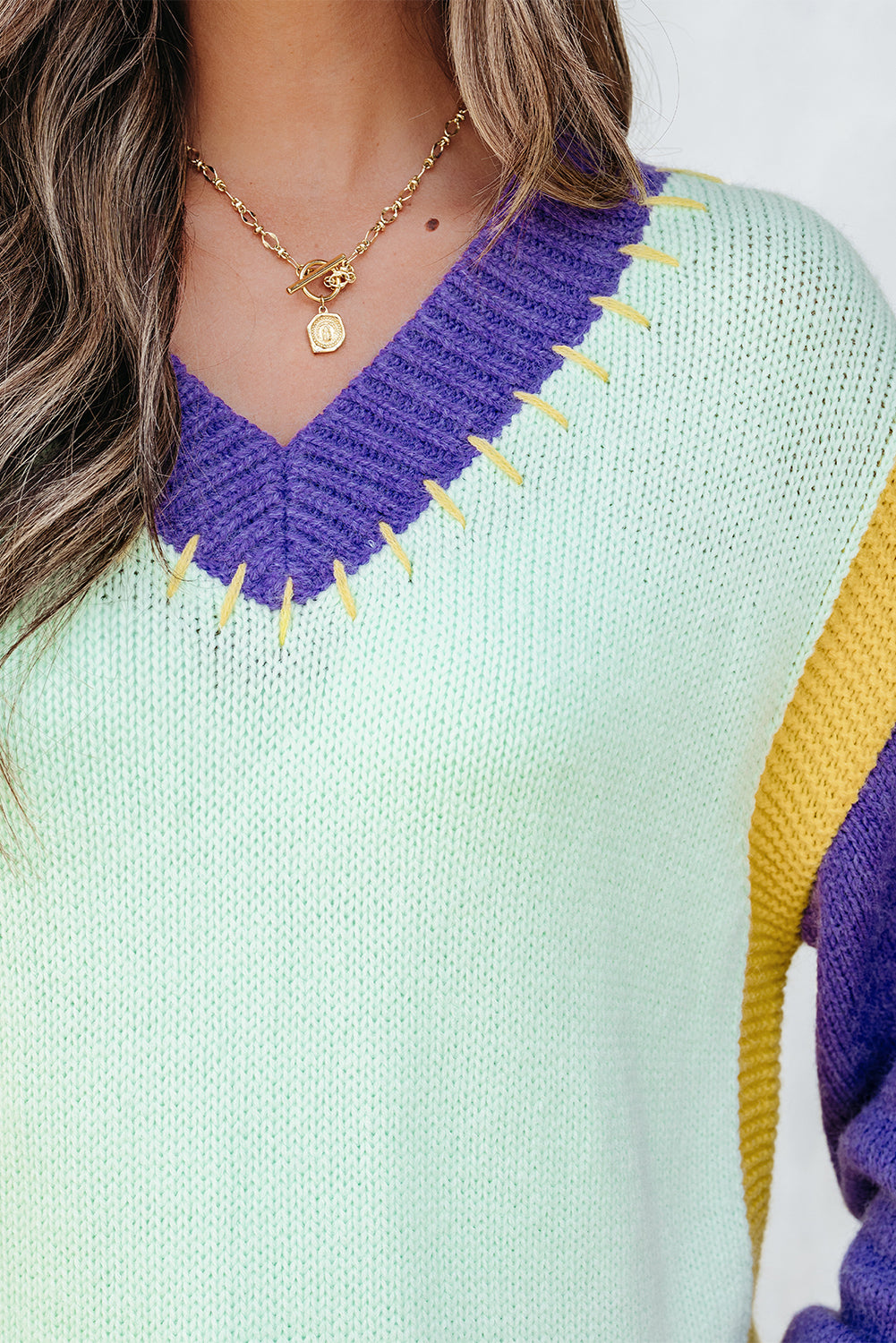 Green Stitched V Neck Color Block Knitted Drop Shoulder Sweater