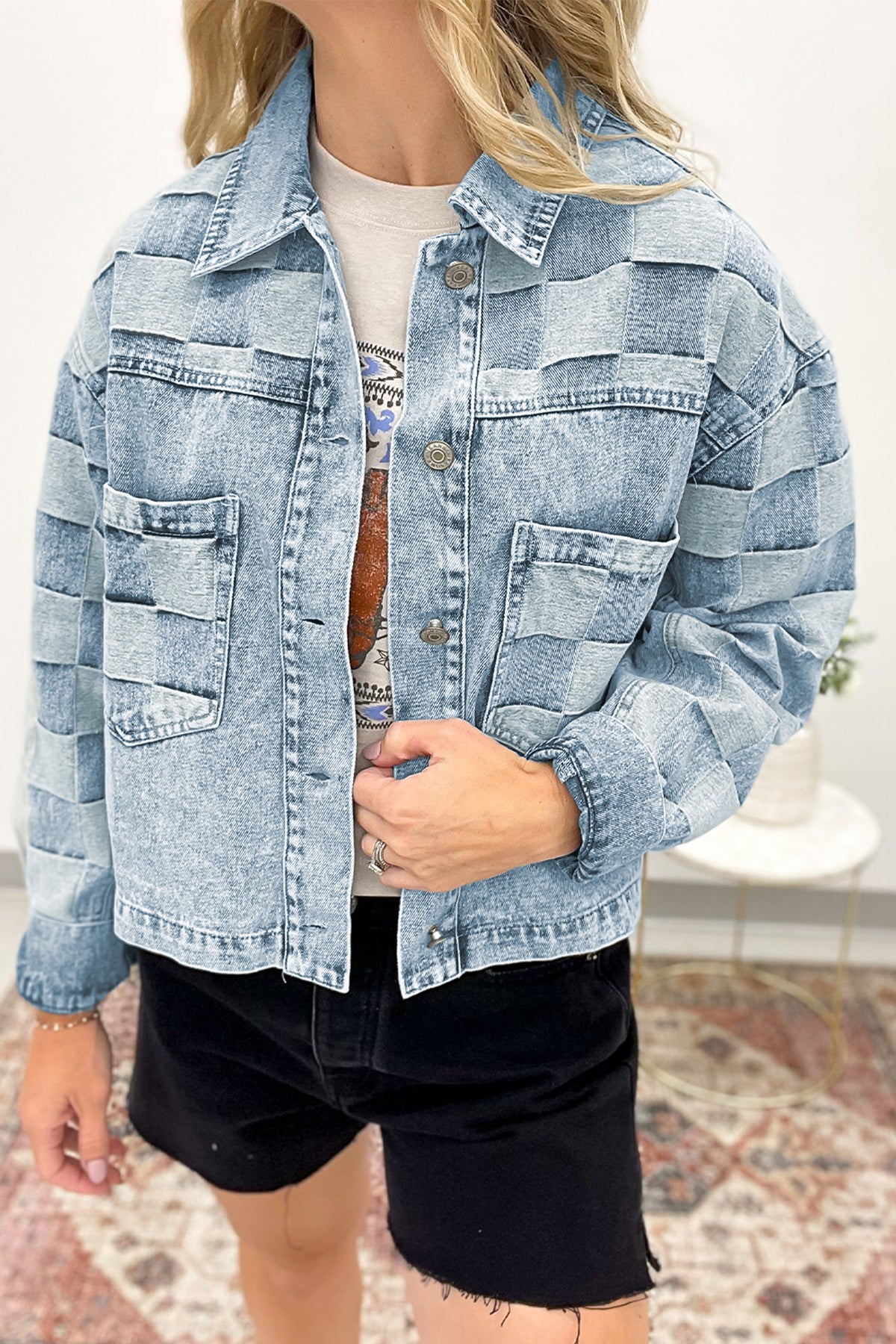 Beau Blue Denim Checkered Pattern Patchwork Womens Casual Jacket