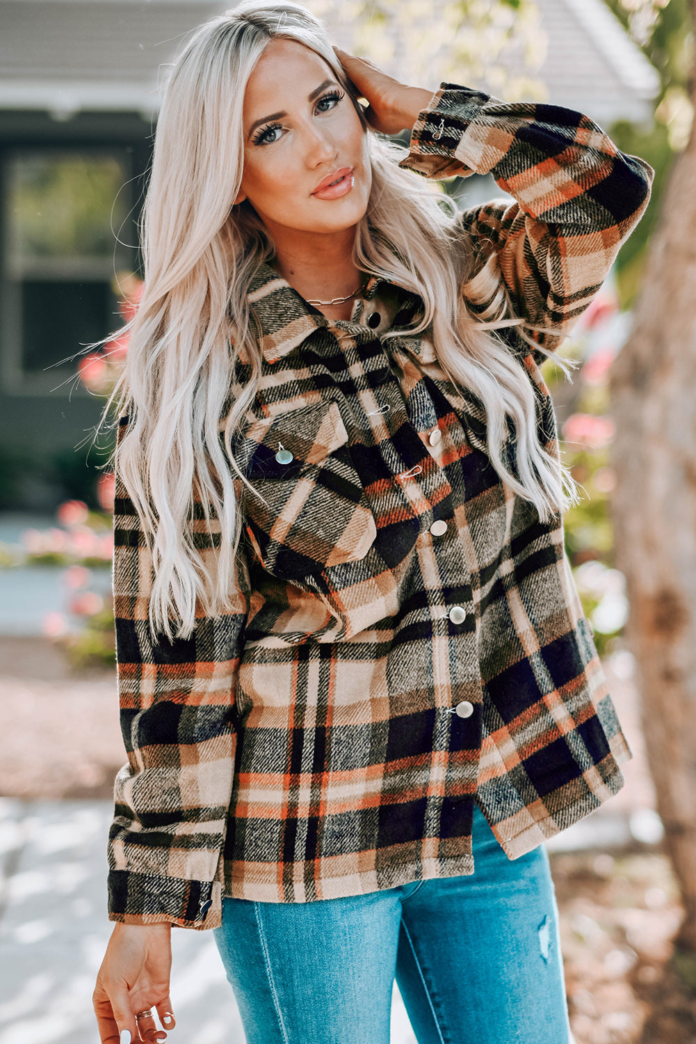Pink Geometric Plaid Print Pocketed Shacket