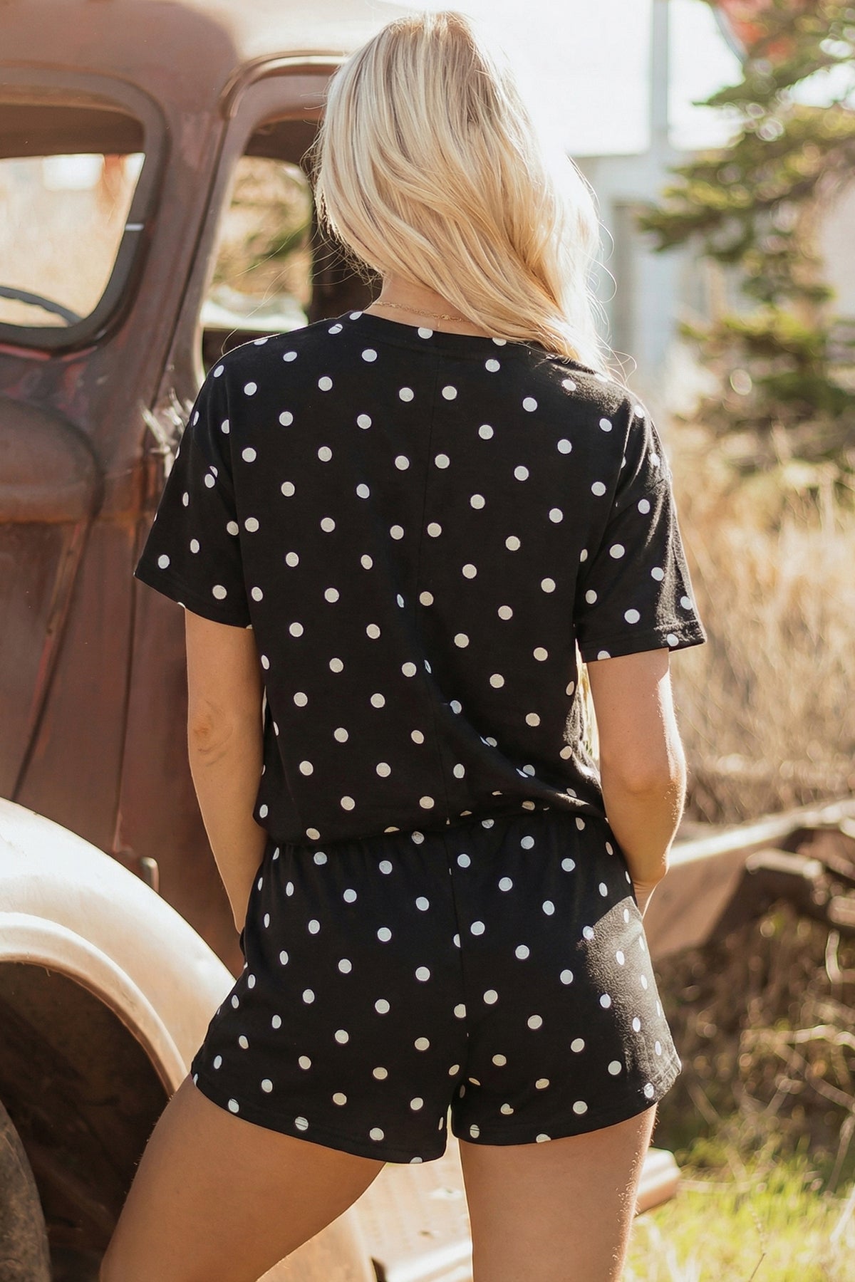 Women's Pink Polka Dot Short-Sleeve Loose Top Drawstring Shorts Set