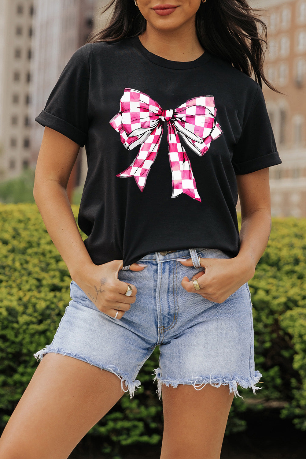 Black Checkerboard Bowknot Graphic Crewneck T-Shirt