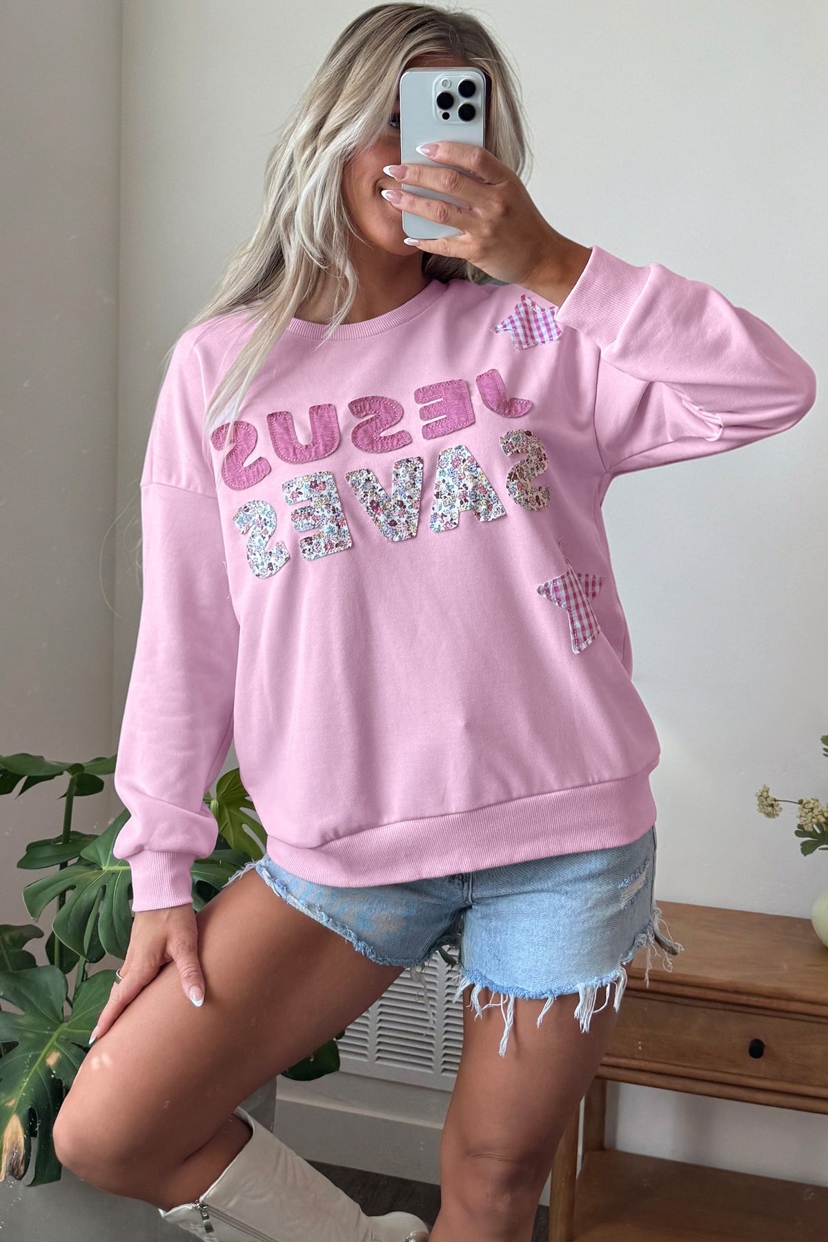 Pink Stars Plaid Unique Floral Letters Sweatshirt