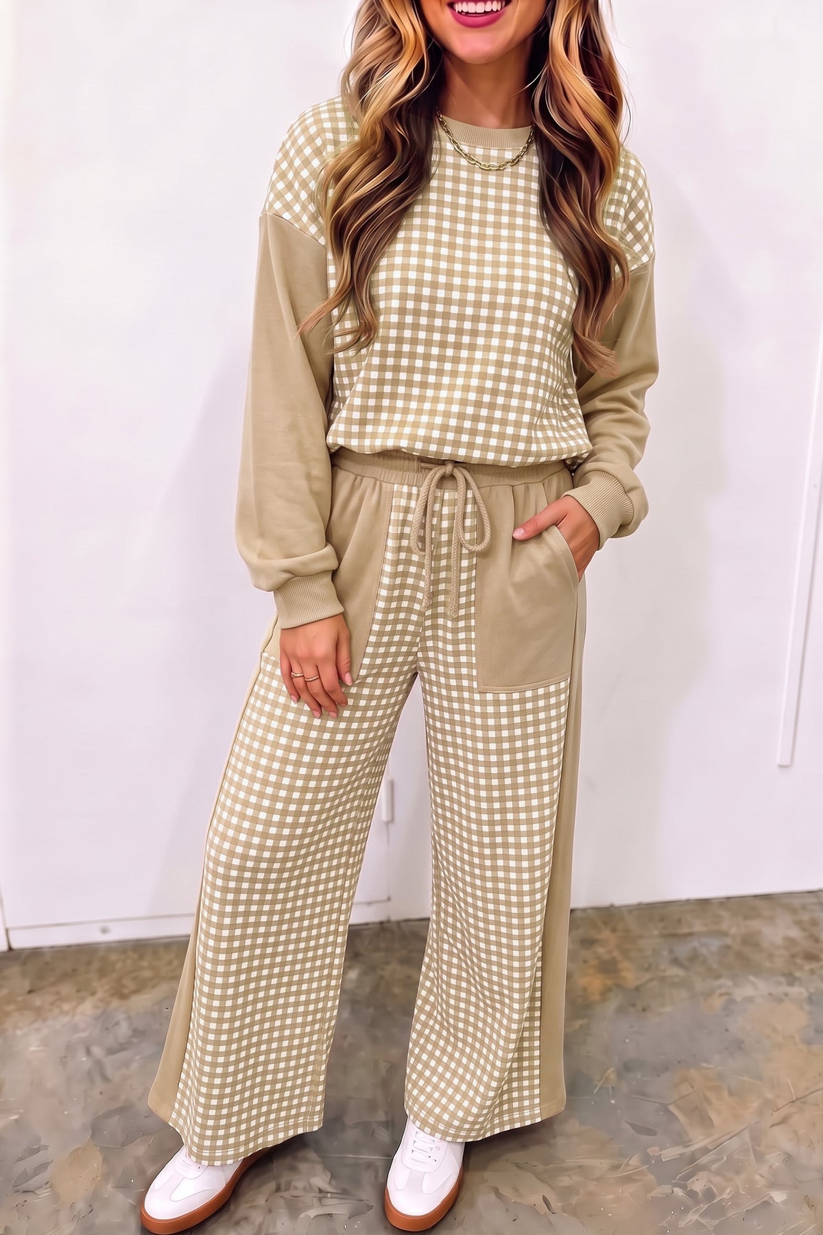 Women's Red Color Block Plaid Patchwork Long-Sleeve Pullover Wide-Leg Pants Set