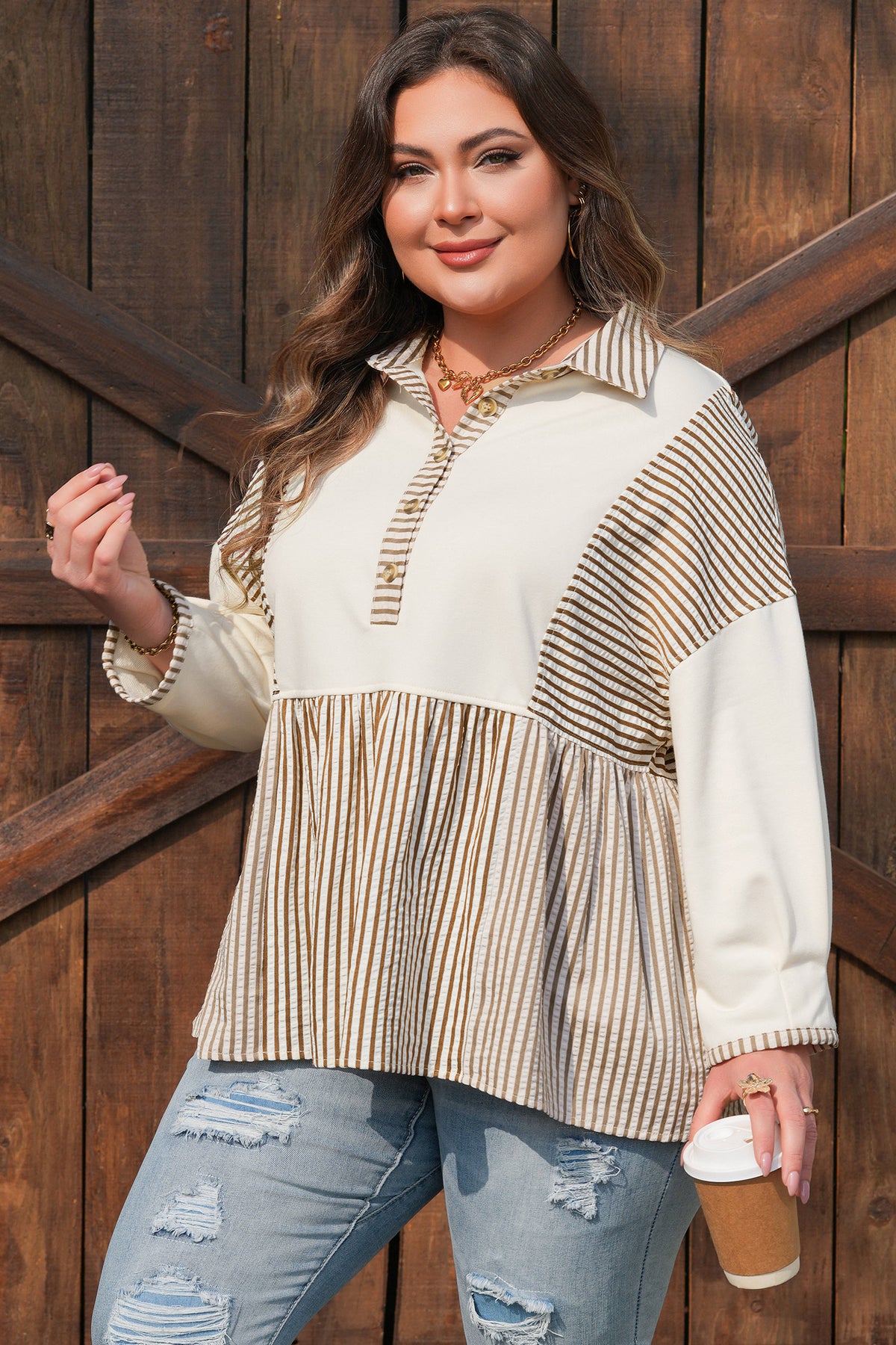 Khaki Stripe Plus Size Color-Block Patchwork Half Button Long-Sleeve Peplum Blouse