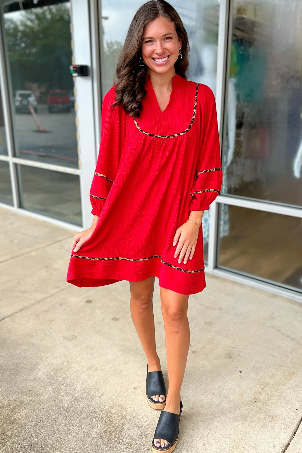 Fiery Red Textured V Neck Leopard Trim Long Sleeve Shift Mini Dress