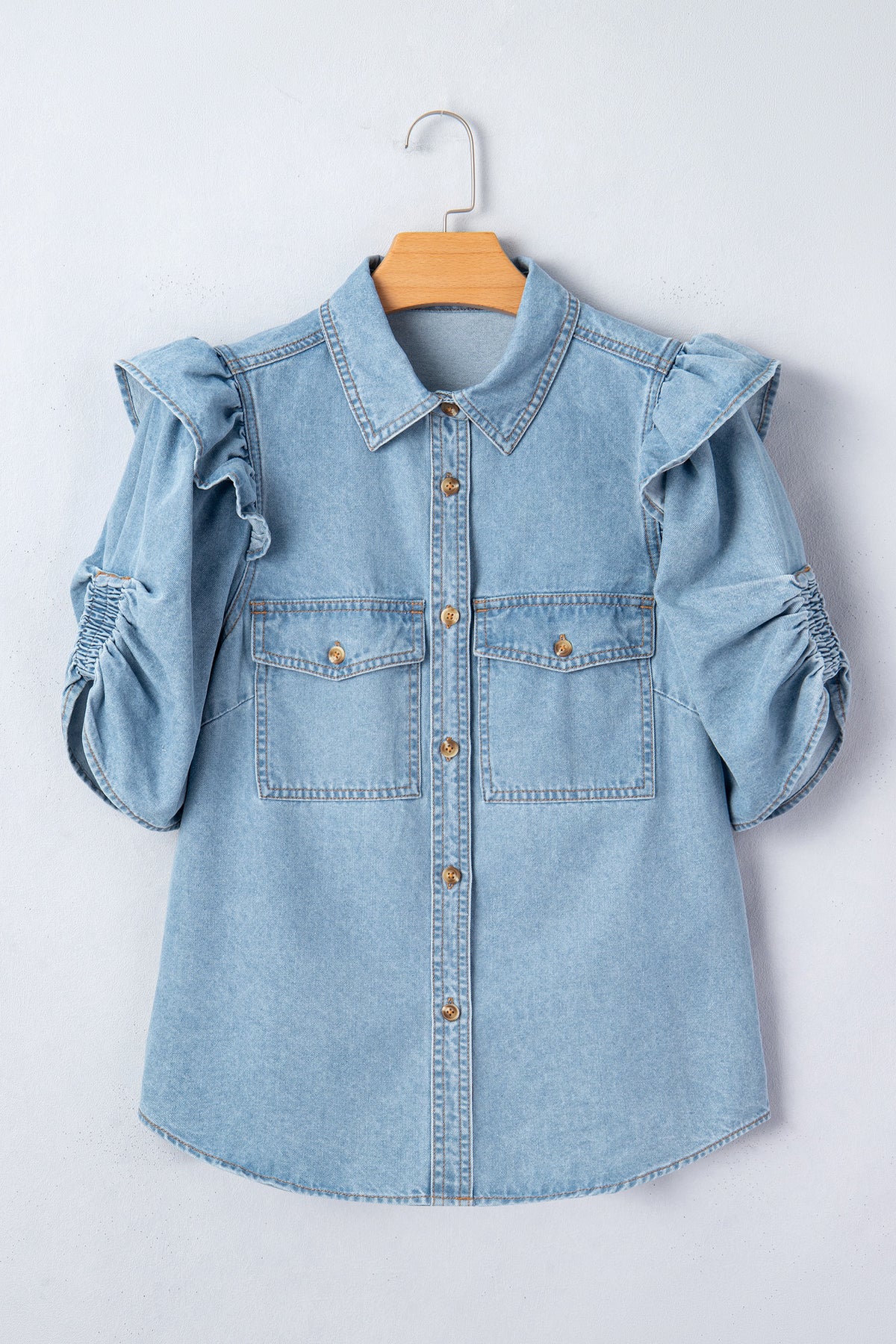 Myosotis Ruffle Detail Short Puff Sleeve Button Down Flap Pocket Denim Shirt