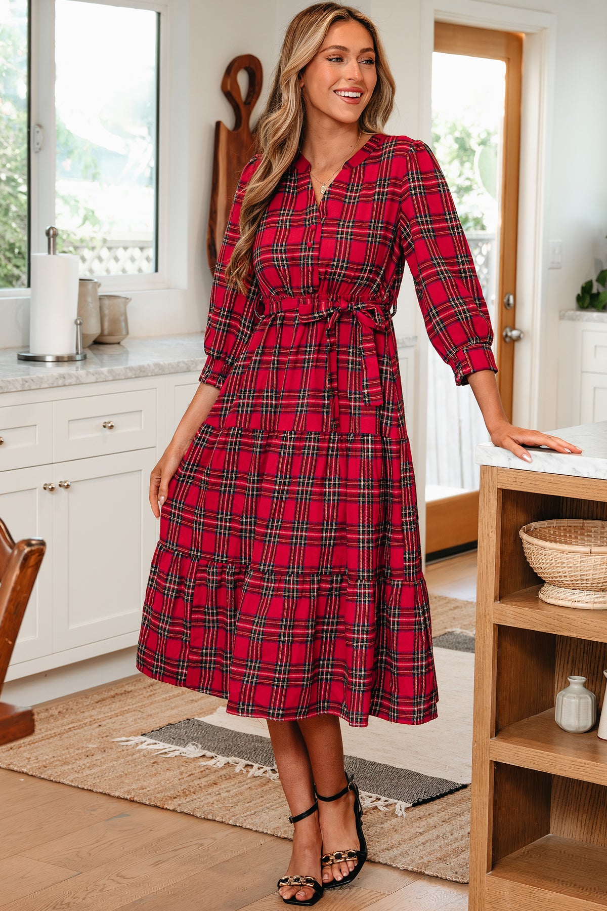Red Christmas Plaid V Neck 3/4 Sleeve Ruffle Hem Long Dress
