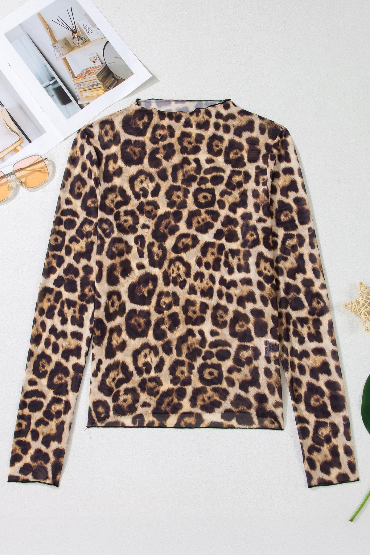 Apricot Floral Print Mesh Long Sleeve Mock Neck Top