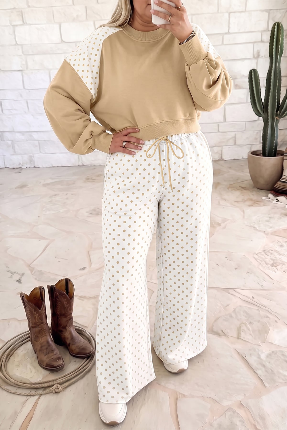 Khaki Plus Size Contrast Polka Dot Top Drawstring Pants Set