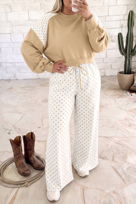 Khaki Plus Size Contrast Polka Dot Top Drawstring Pants Set