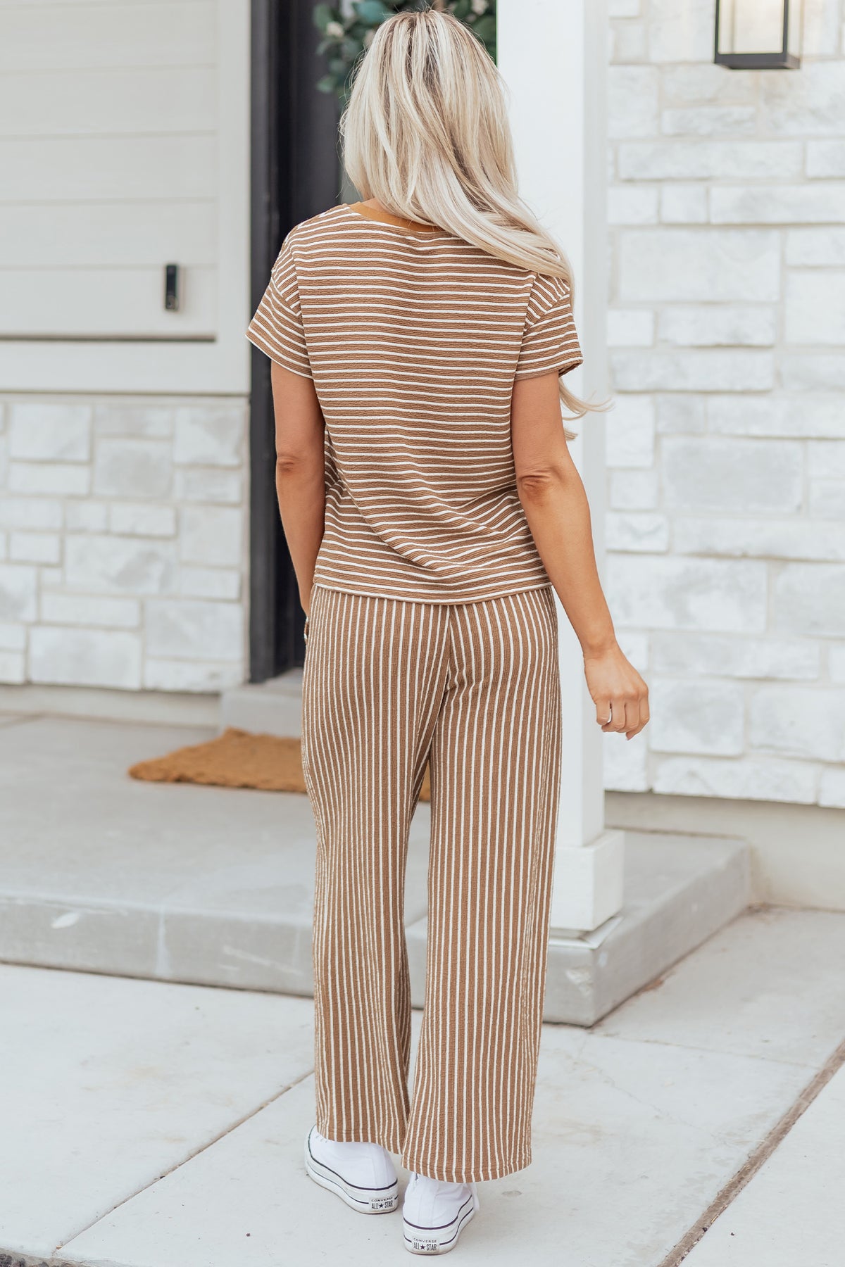 Women's Green Stripe Crewneck Tee Waist Cropped Pants Set