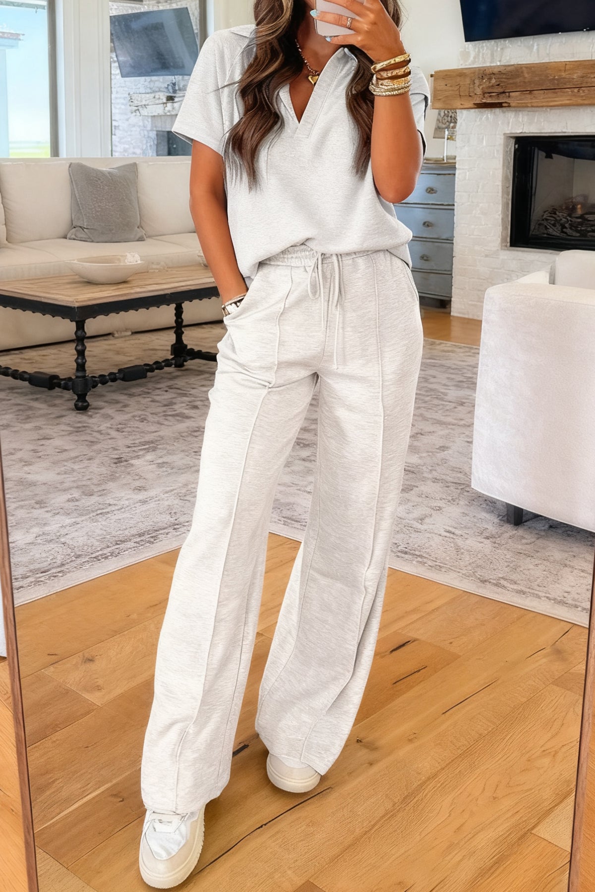 Women's Light Grey Polo Tee Pants Two-Piece Set