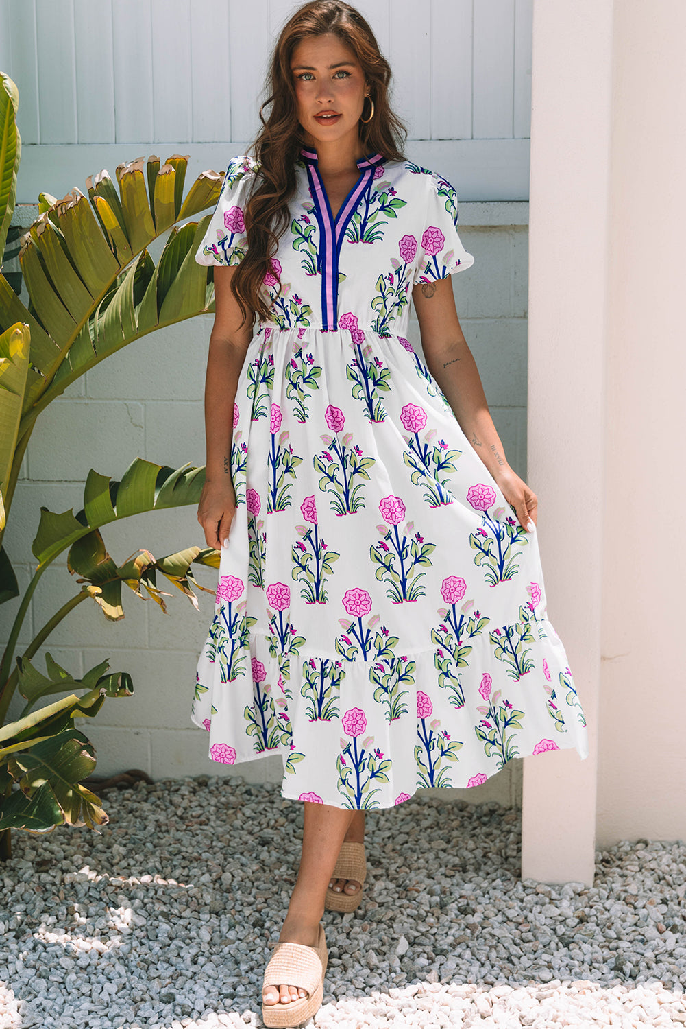 White Floral V-Neck Maxi Dress
