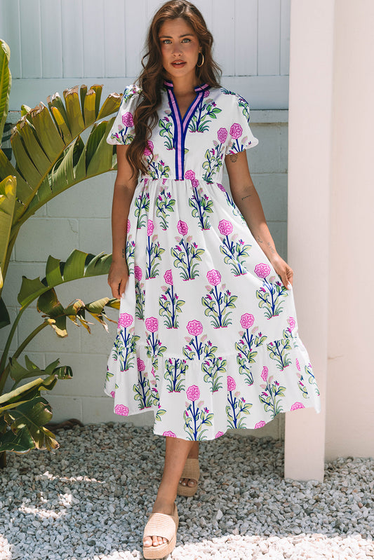 White Floral V-Neck Maxi Dress