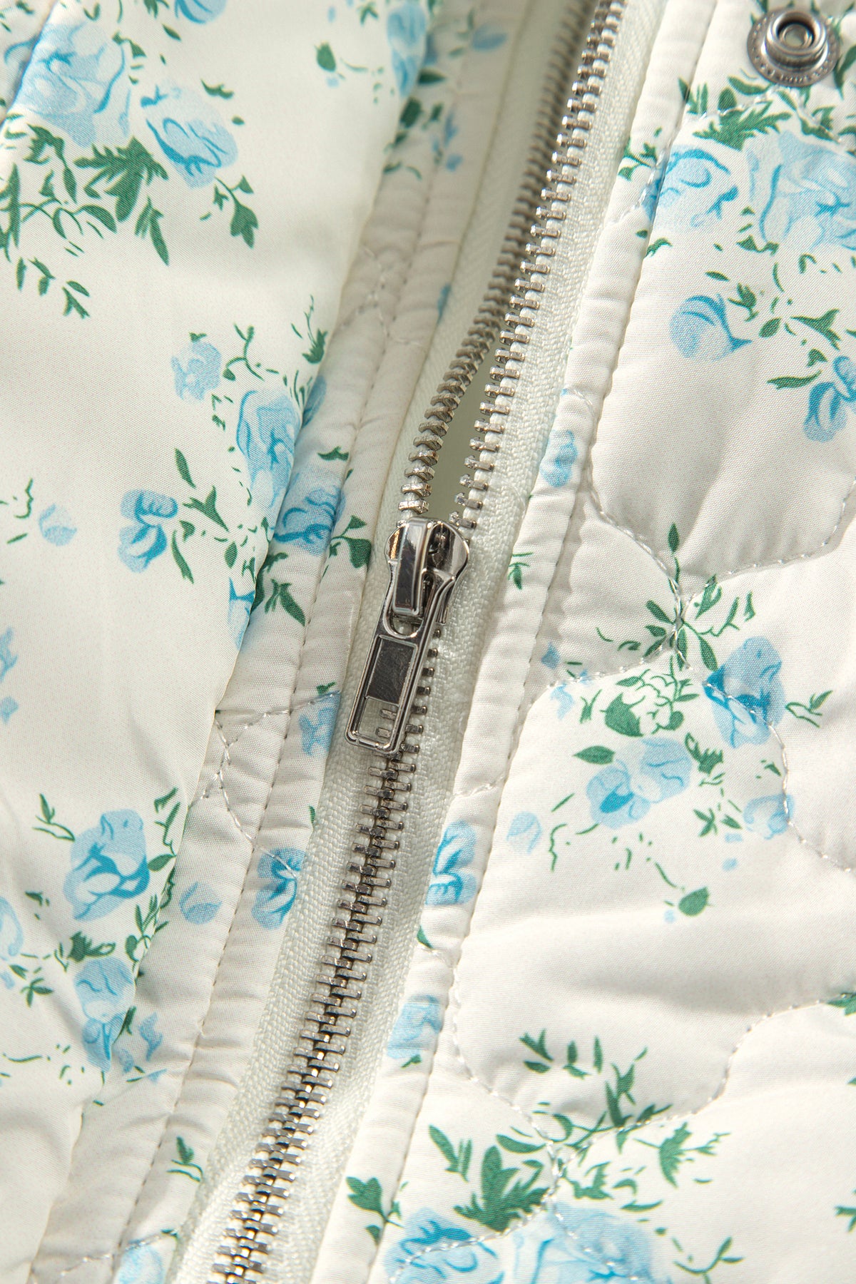 Sky Blue Floral Quilted Flounce Sleeve Puffer Coat
