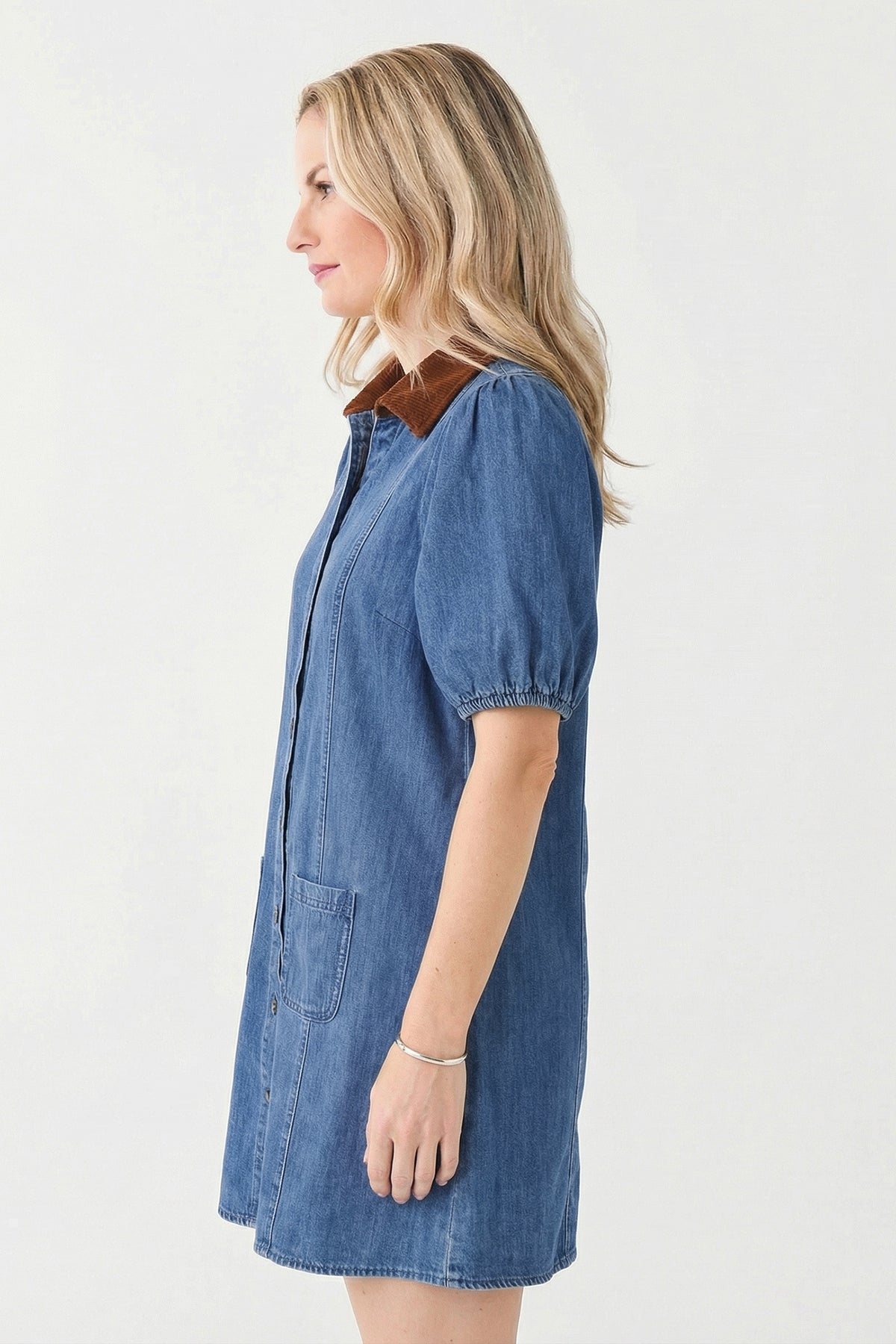 Blue Denim Short Puff Sleeve Color Block Patchwork Mini Dress