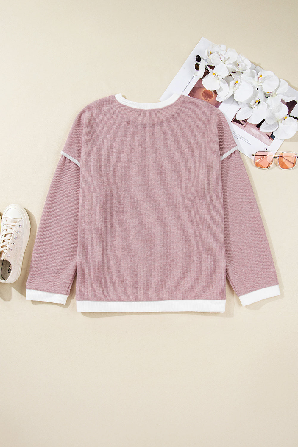 Light Pink Contrast Trim Knitted Drop-Shoulder Plus Size Top