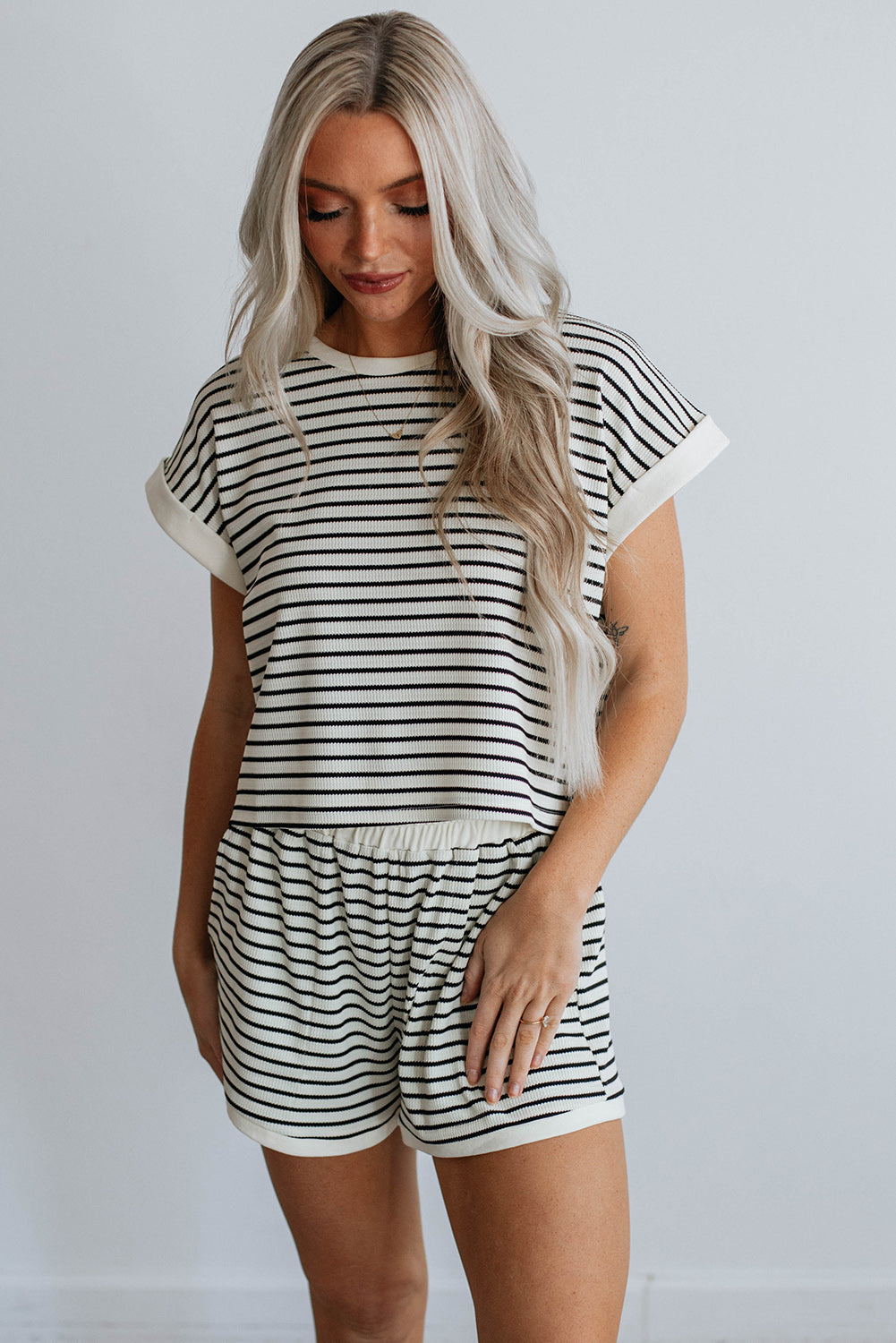 Women's White Stripe Contrast Edge Tee and Shorts Set