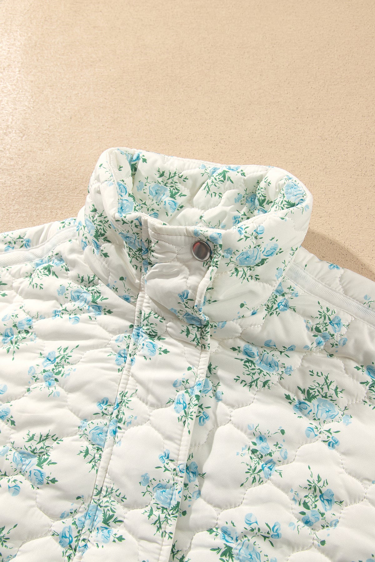 Sky Blue Floral Quilted Flounce Sleeve Puffer Coat