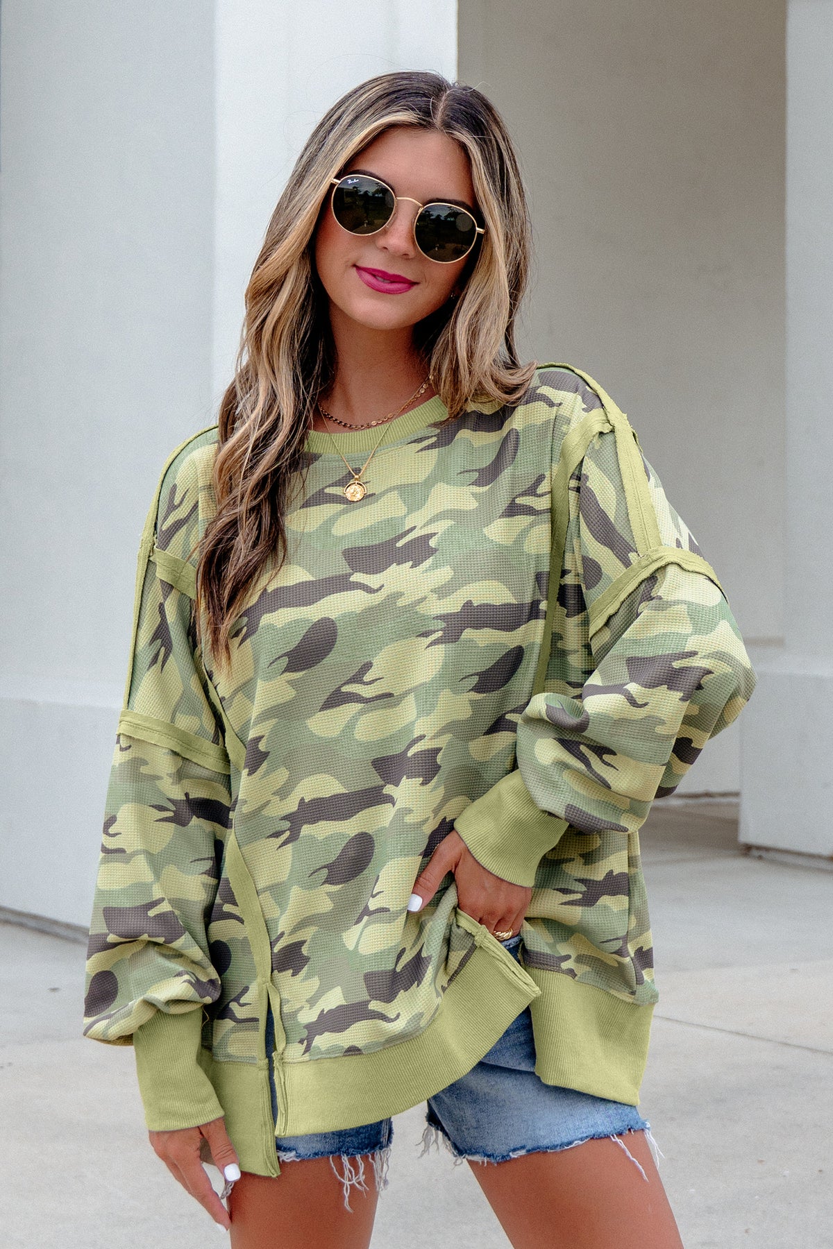 Green Camouflage Waffle Knit Raw Edge Trim Oversized Top