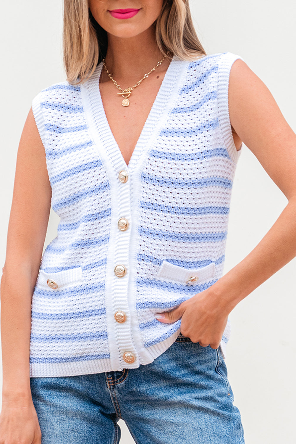 Sky Blue Stripe V Neck Gold Buttons Elegant Sweater Vest