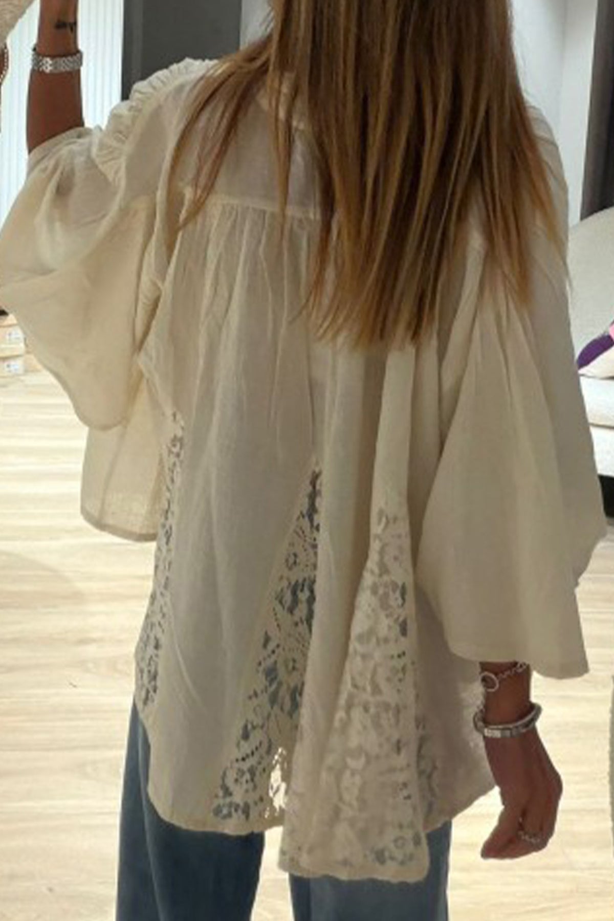 Oatmeal Sheer Lace Splicing Detail Bracelet Sleeve Flowy Shirt
