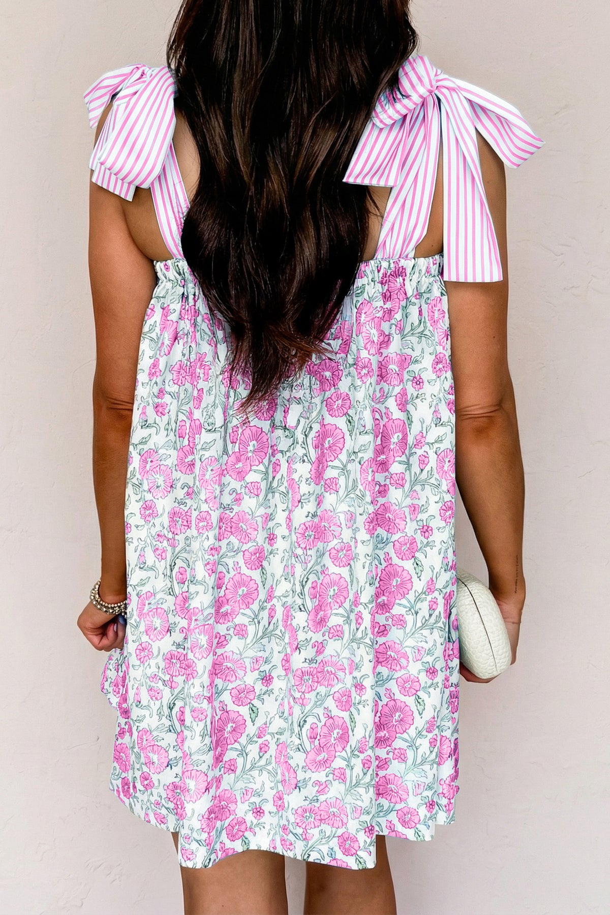 Sky Blue Floral Print Striped Patchwork Bow Straps Mini Dress