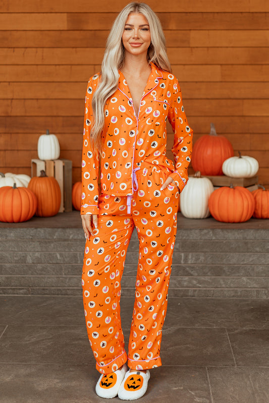 Orange Halloween Print Lapel Shirt Long Pajama Set