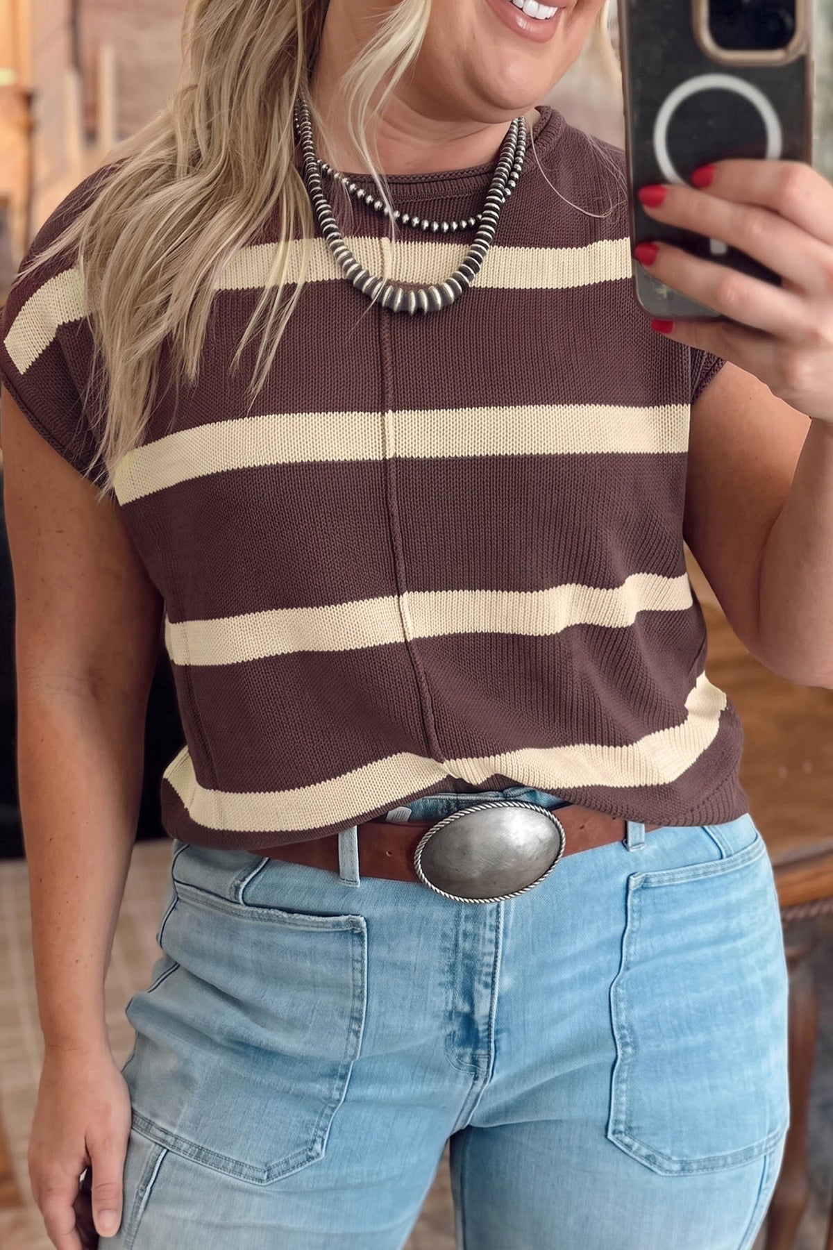 Brown Stripe Color Block Knit Plus Size Sleeveless Sweater