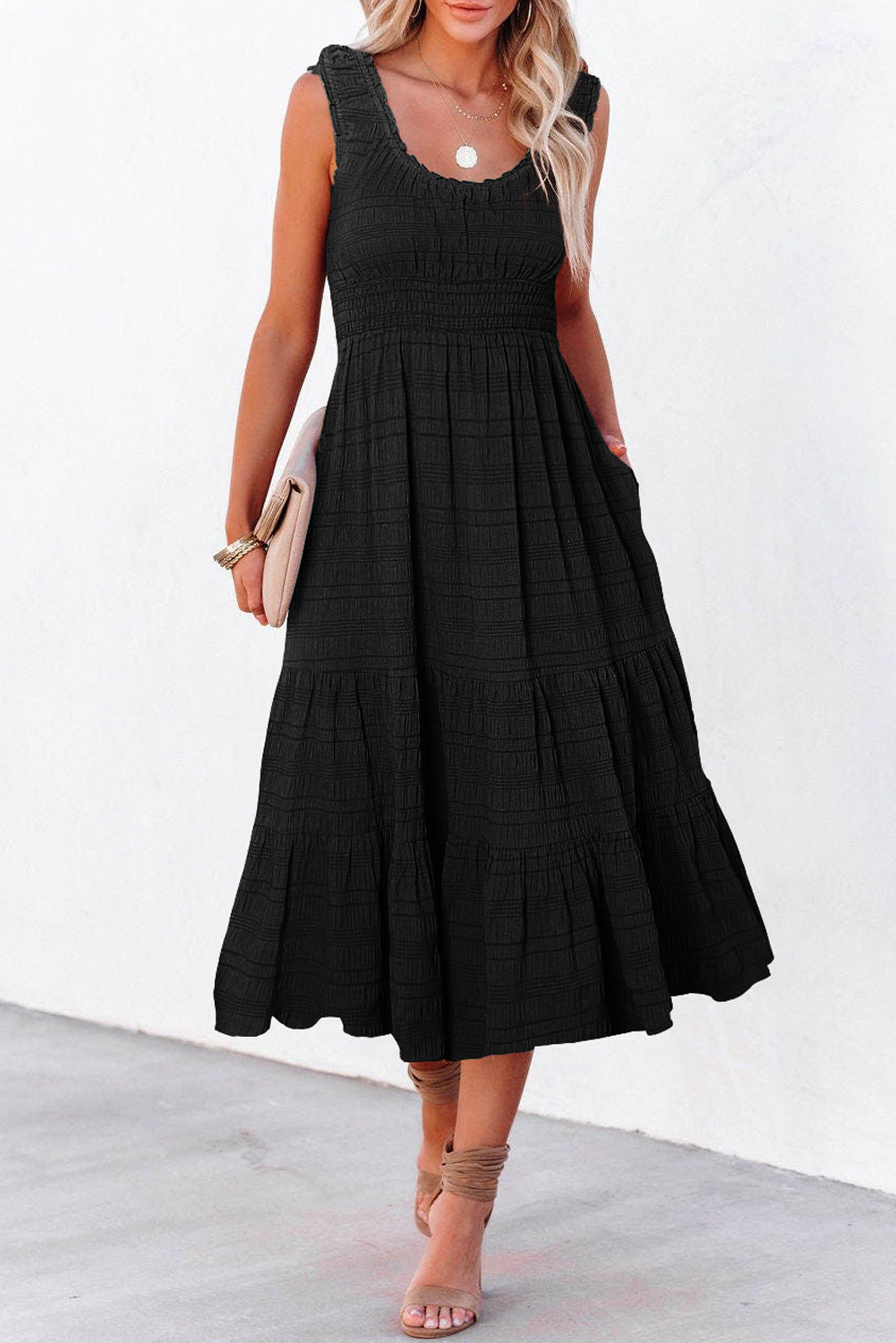 Black Square-Neck Midi Dress