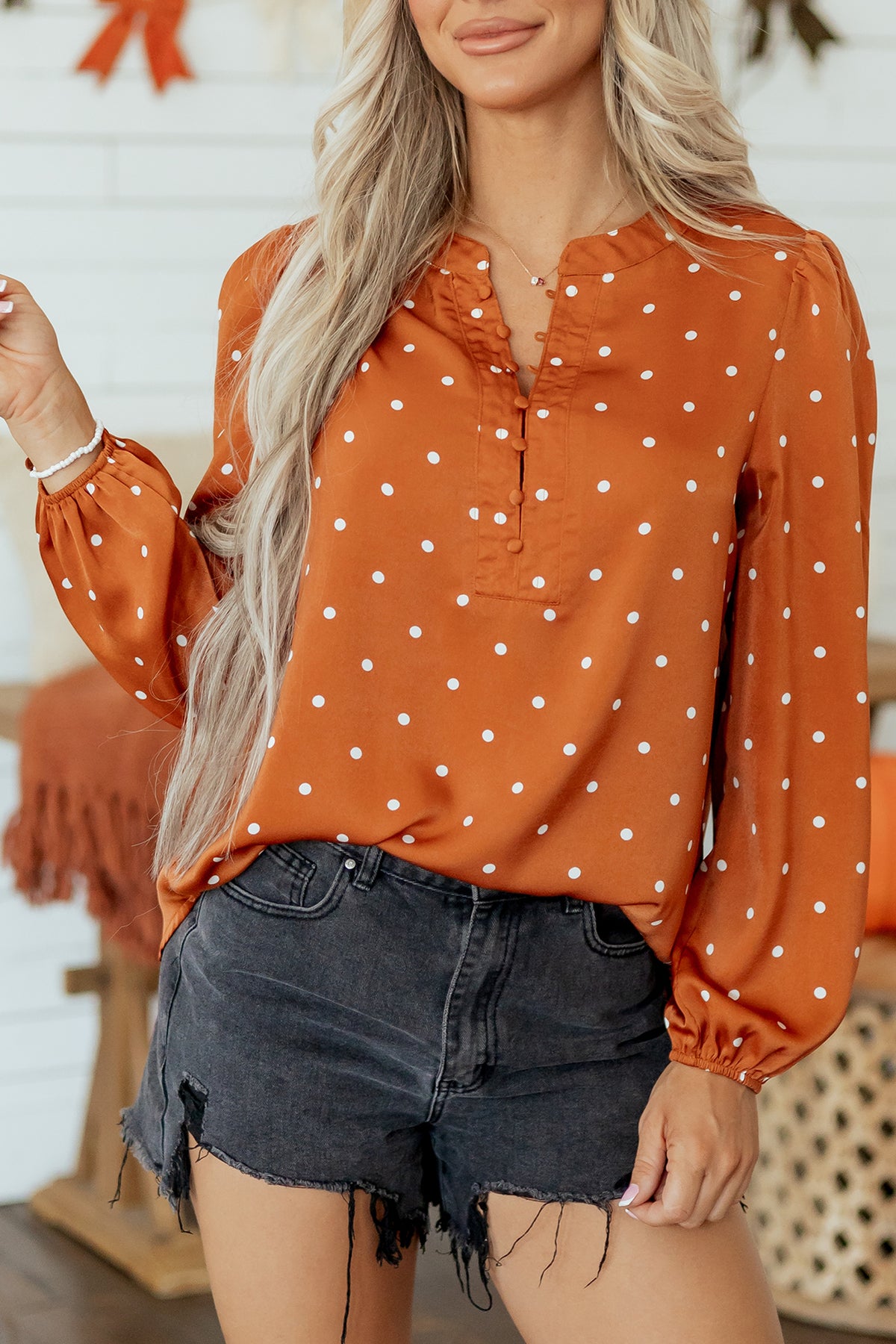 Brown Polka Dot Half Button V Neck Blouse