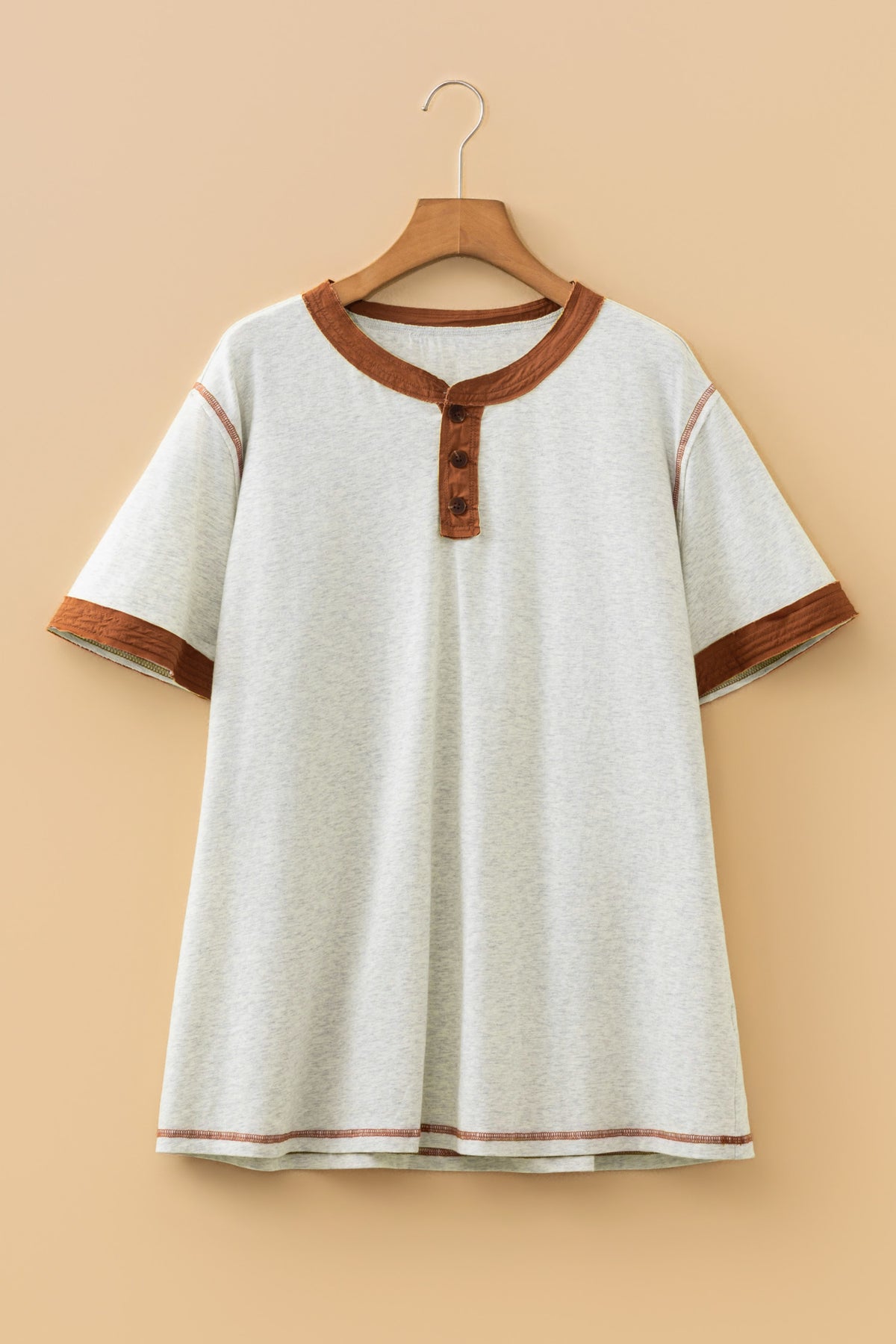 Light Grey Plus Size Distressed Color-Block Trim Cotton Henley Tee
