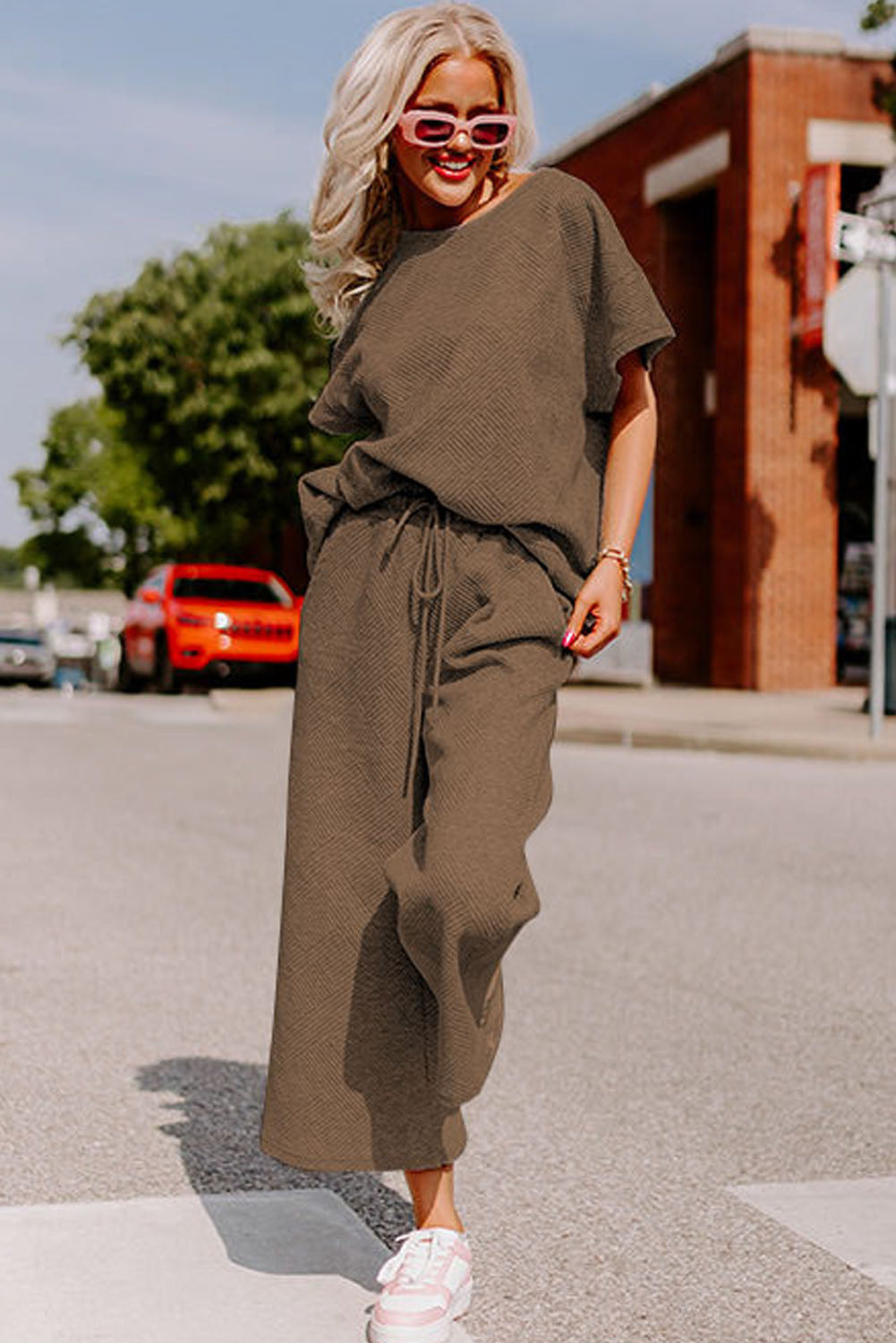 Red Dahlia Textured Loose Fit T Shirt and Drawstring Pants Set
