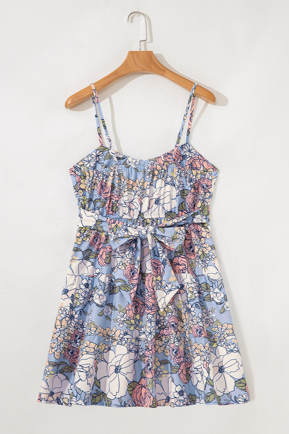 Sky Blue Floral Tiered Patchwork Spaghetti Strap Vacation Dress