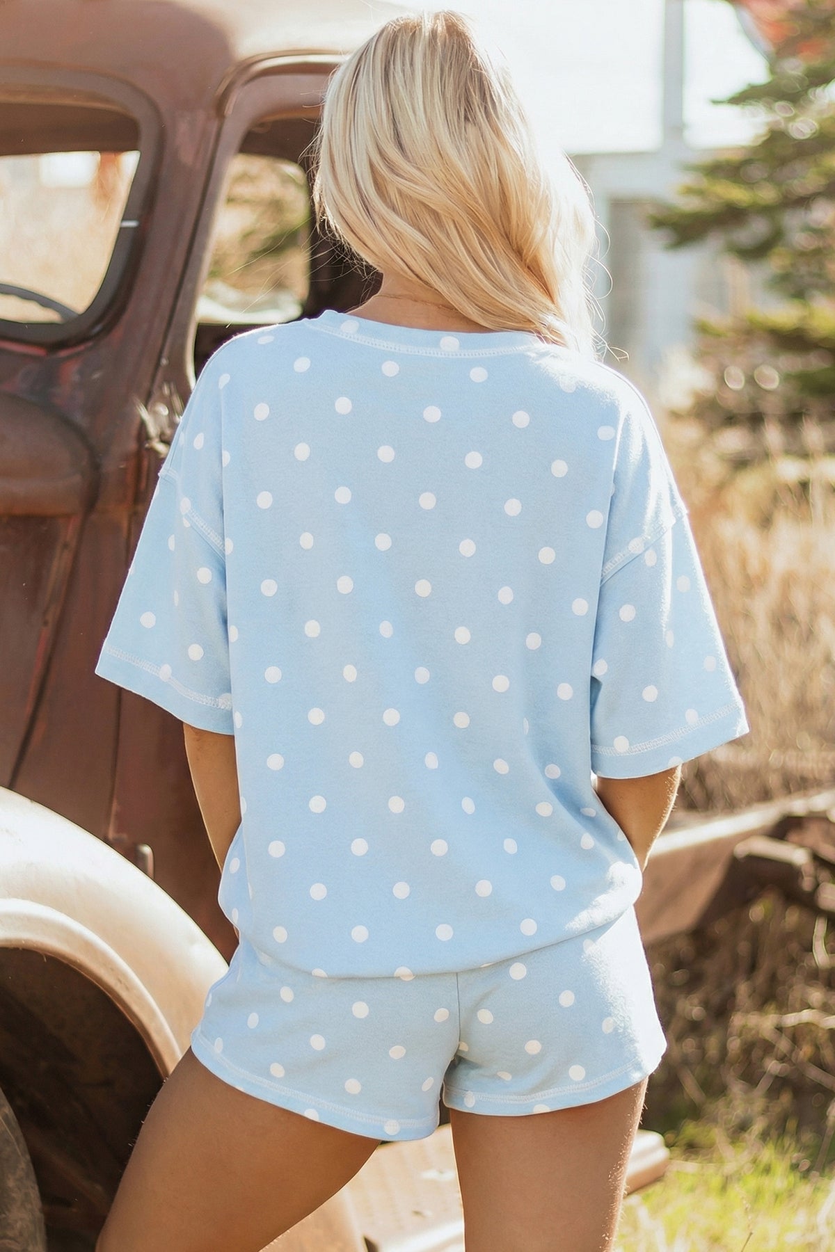 Women's Pink Polka Dot Short-Sleeve Loose Top Drawstring Shorts Set