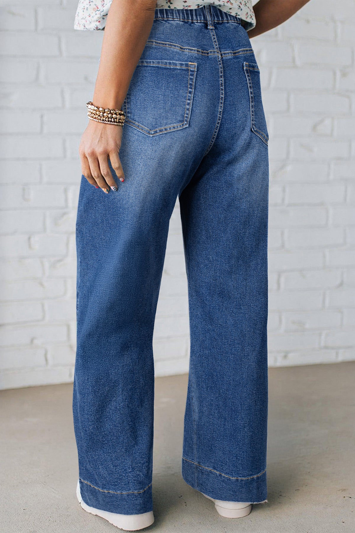 Dark Blue Acid-Wash Contrast Lace-Up Plus Size Jeans