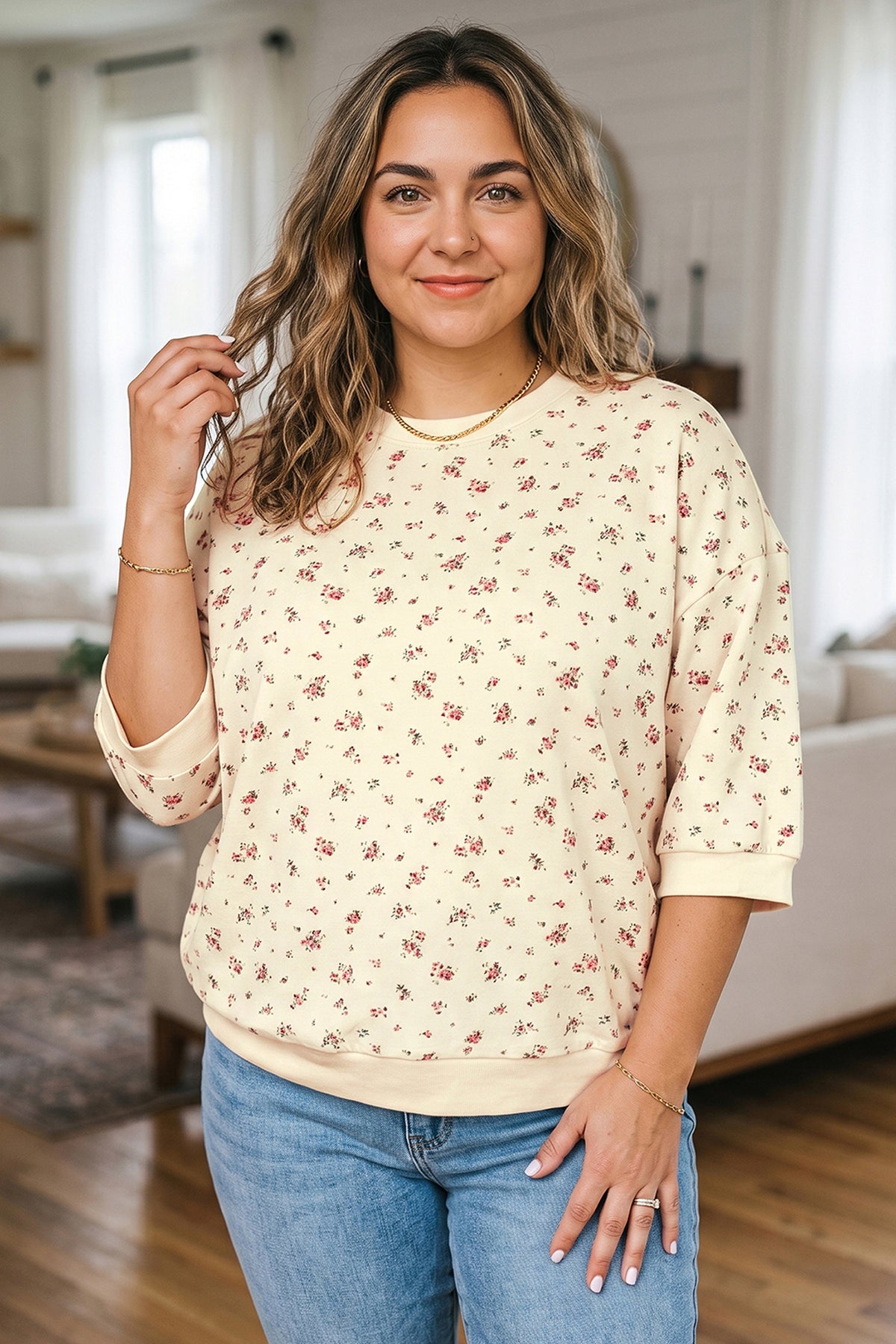 Beige Floral Print Color-Block Cuffs Hem Plus Size Blouse