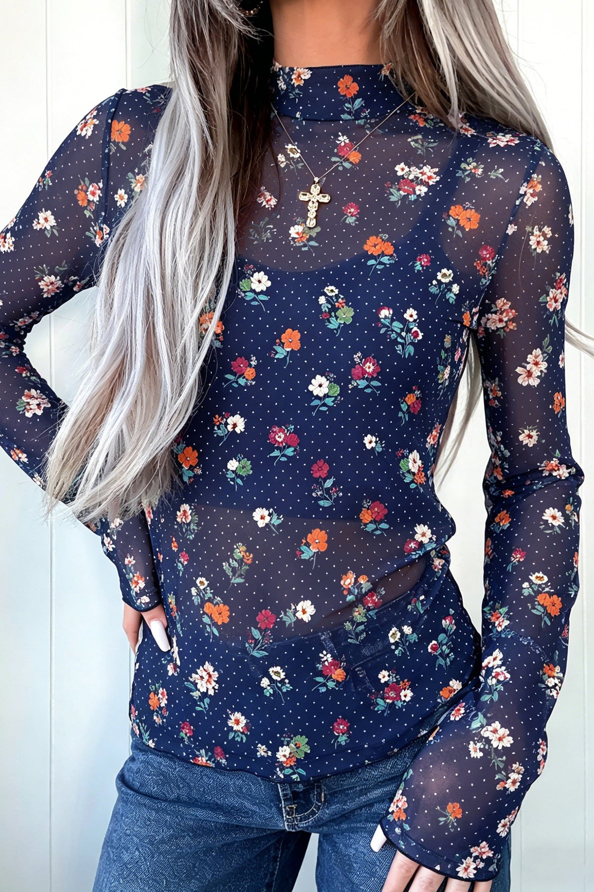 Blue Polka Dot Floral Mesh High Neck Sheath Top