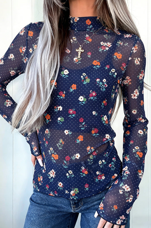 Blue Polka Dot Floral Mesh High Neck Sheath Top