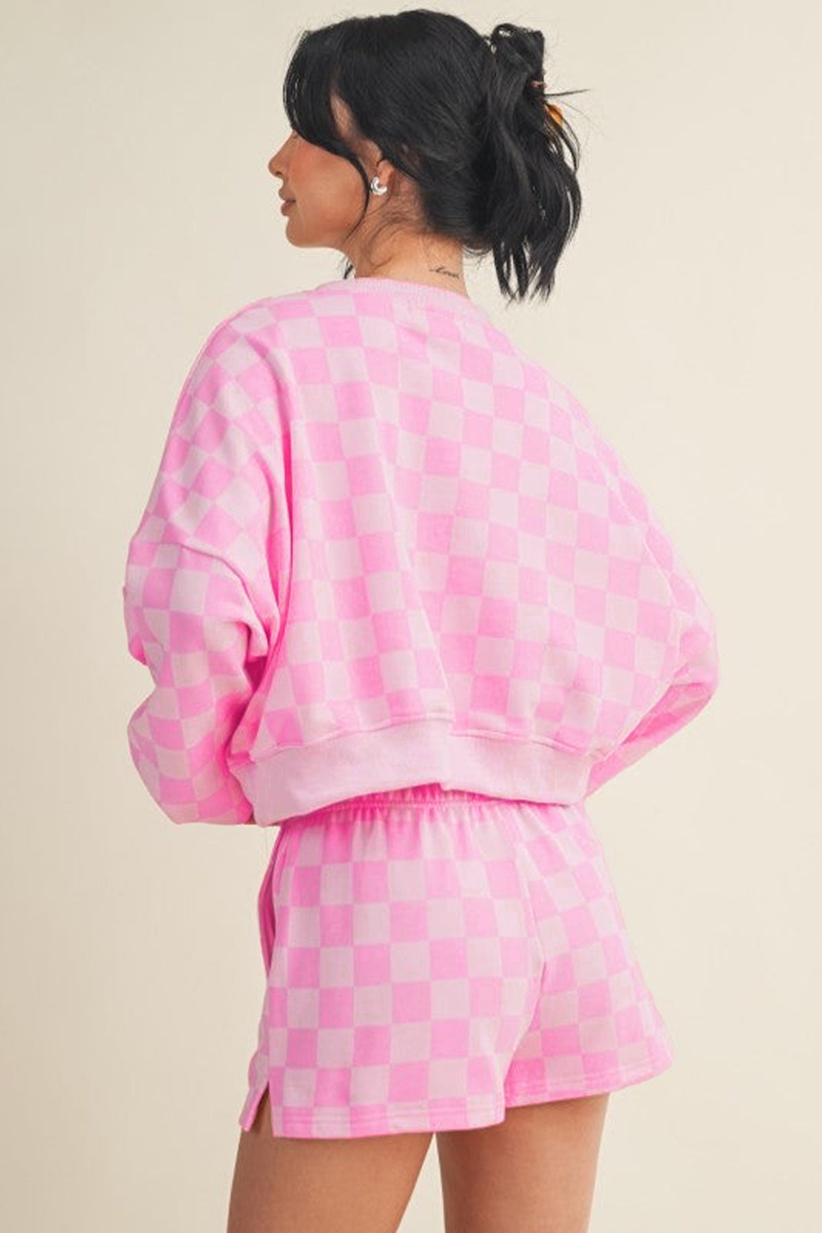 Women's Pink Plaid Checkered Long-Sleeve Crop Top Elastic Waist Shorts Two-Piece Set
