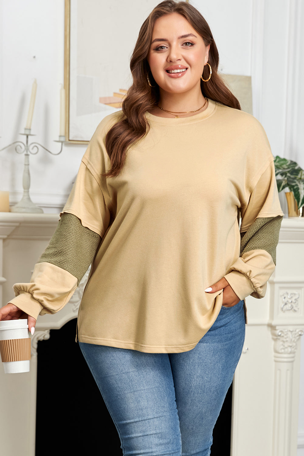 Laurel Green Exposed Seam Contrast Texture Patchwork Plus Size Drop-Shoulder Pullover
