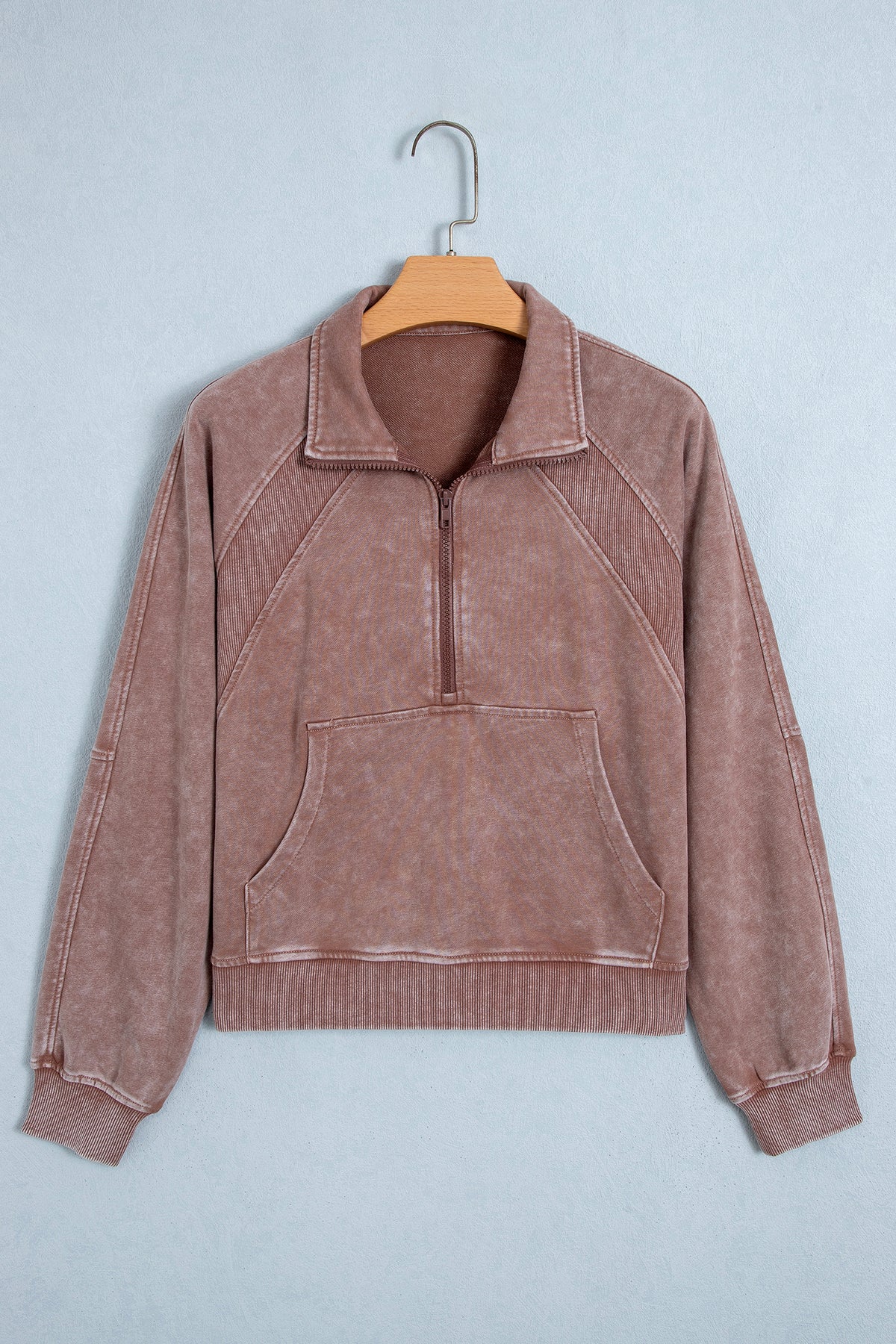 Chestnut Vintage Half-Zip Ribbed Cuffs Hem Sweatshirt