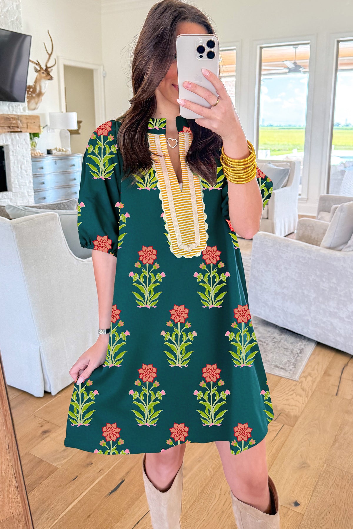 Green Floral Print Striped Patchwork Short Sleeve Dress