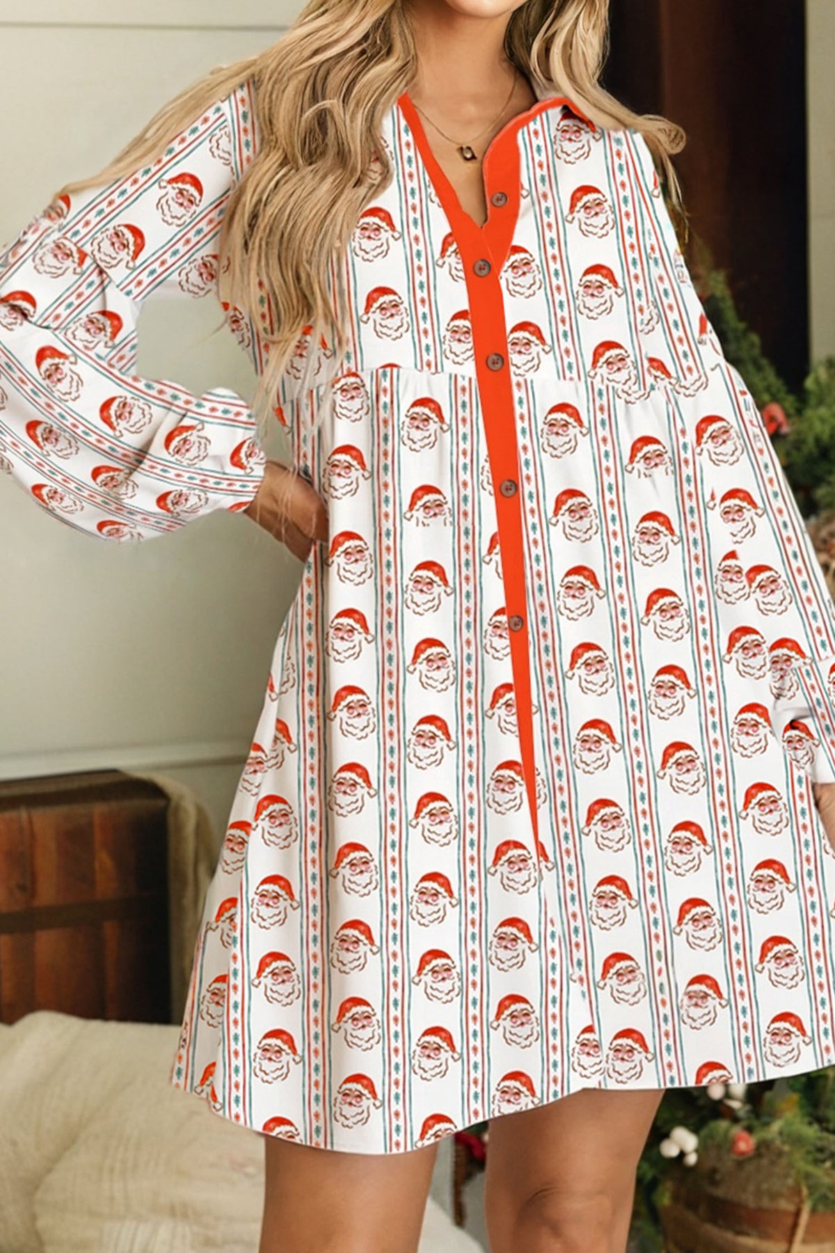 White Father Christmas Contrast Collar Long Sleeve A-line Mini Dress
