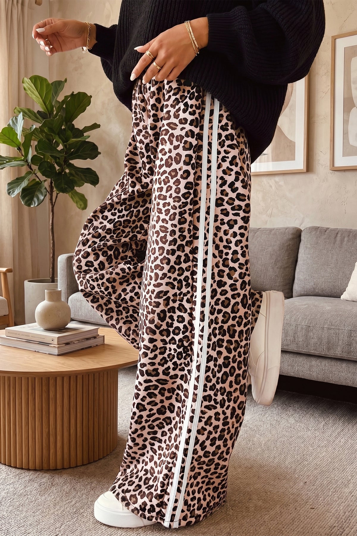 Beige Leopard Print Side Striped Casual Wide Leg Pants