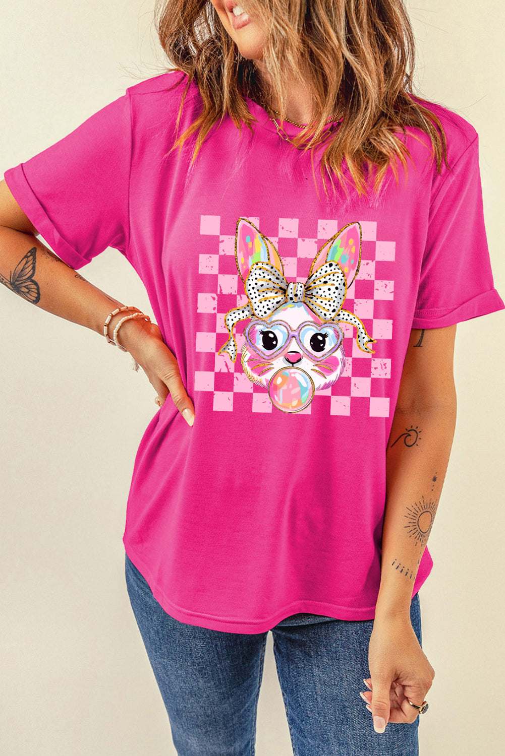 Rose Red Plaid Bubble Gum Rabbit Graphic Easter T-Shirt