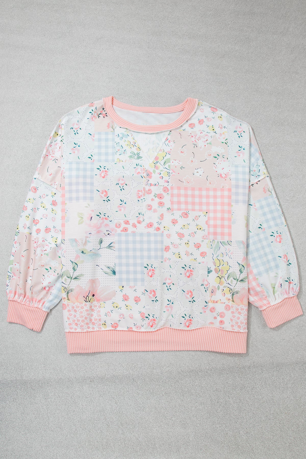 Pink Patchwork Floral Print Long-Sleeve Tunic Plus Size Blouse