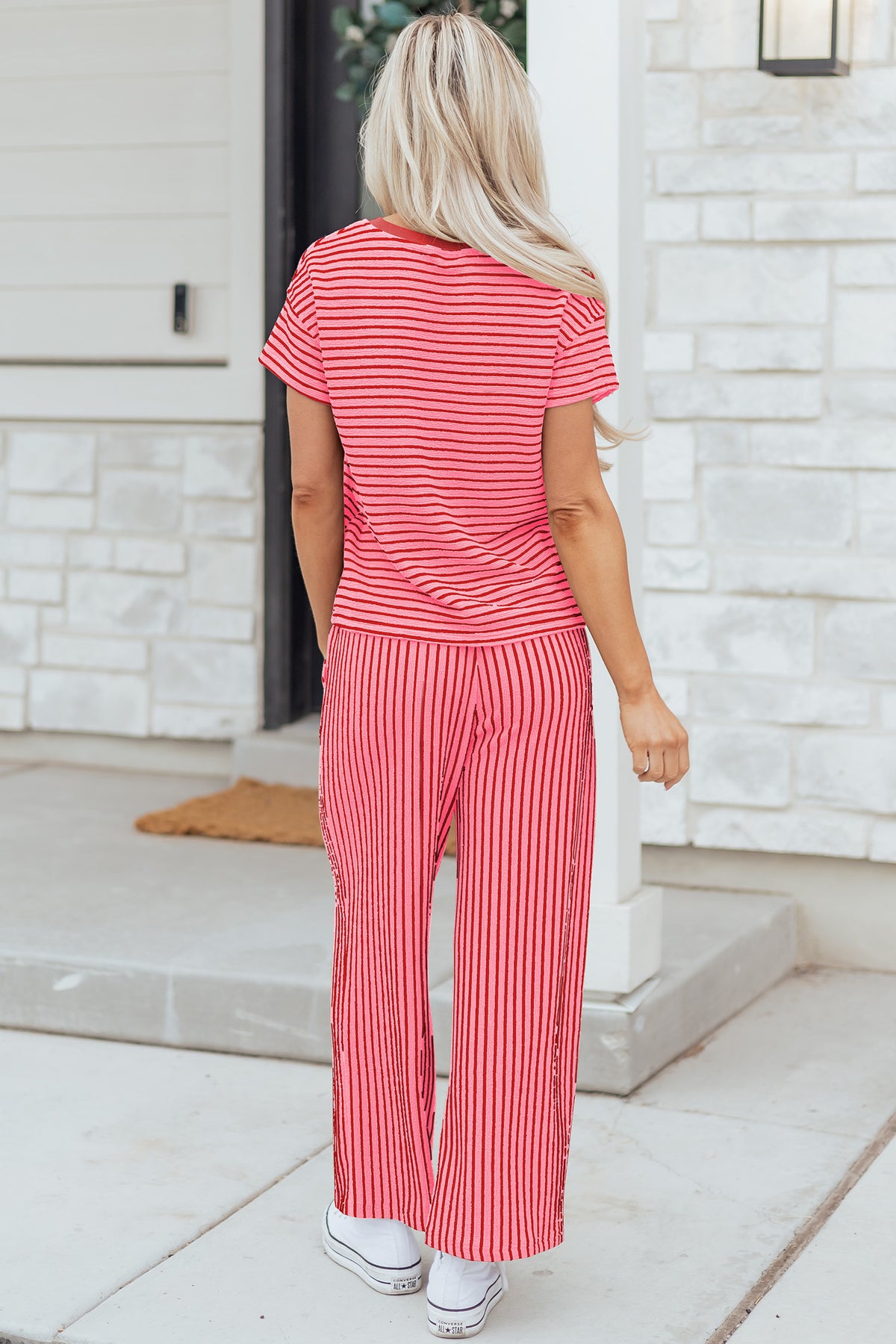 Women's Green Stripe Crewneck Tee Waist Cropped Pants Set